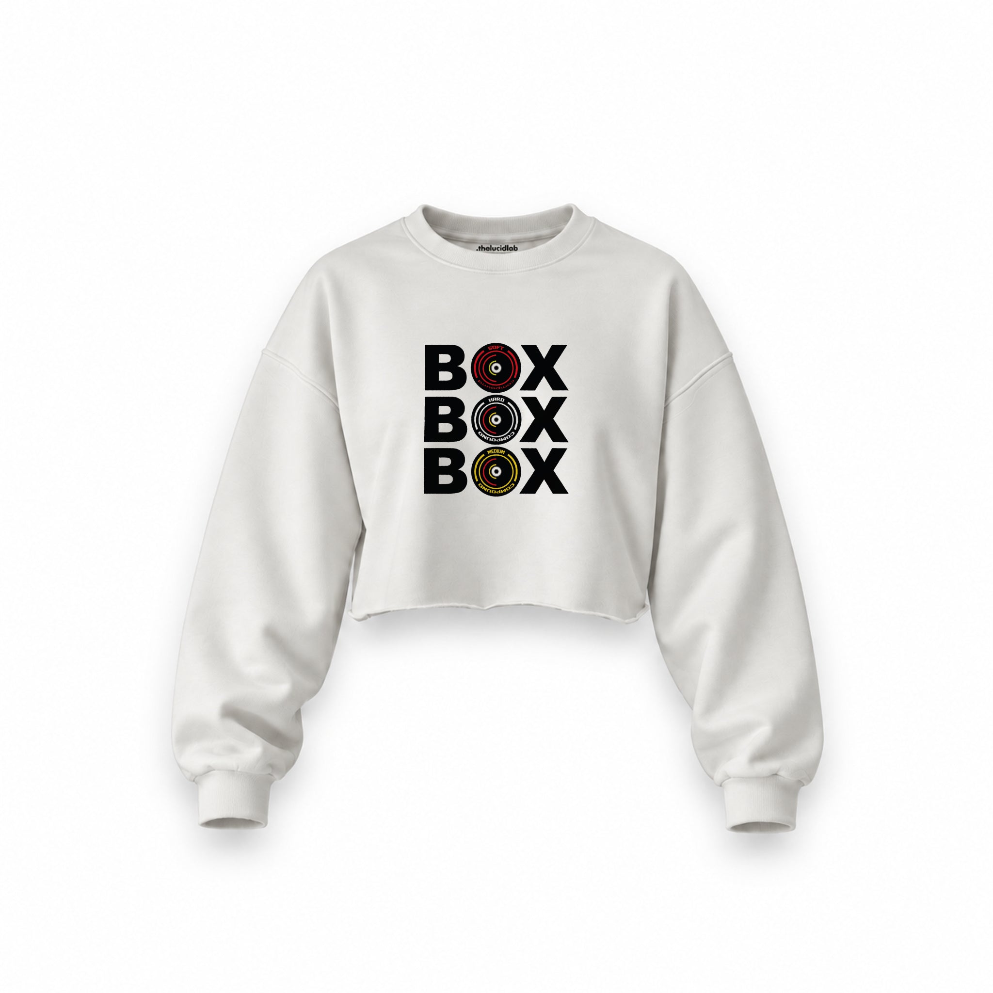 Box Box Box Oversize Crop Sweatshirt — Beyaz — Ön baskı
