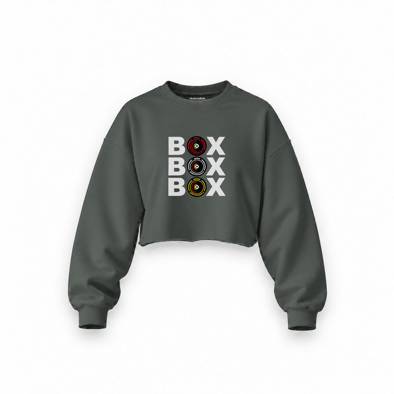 Box Box Box Oversize Crop Sweatshirt — Antrasit — Ön baskı