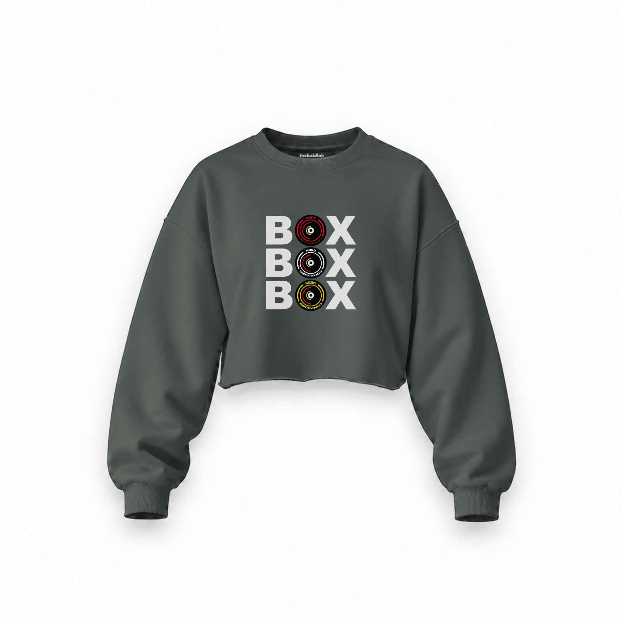 Box Box Box Oversize Crop Sweatshirt — Antrasit — Ön baskı