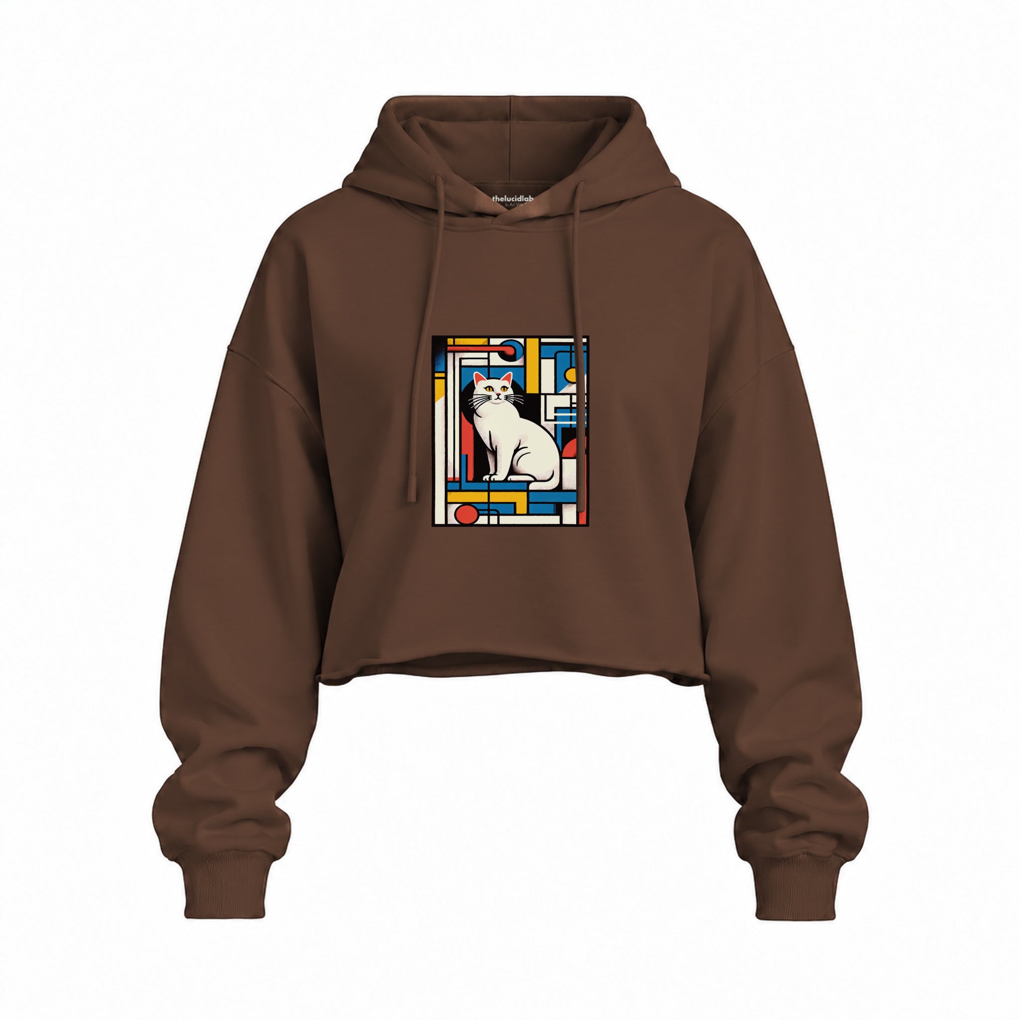 Bauhaus Cat Oversize Crop Hoodie — Kahverengi — Ön baskı