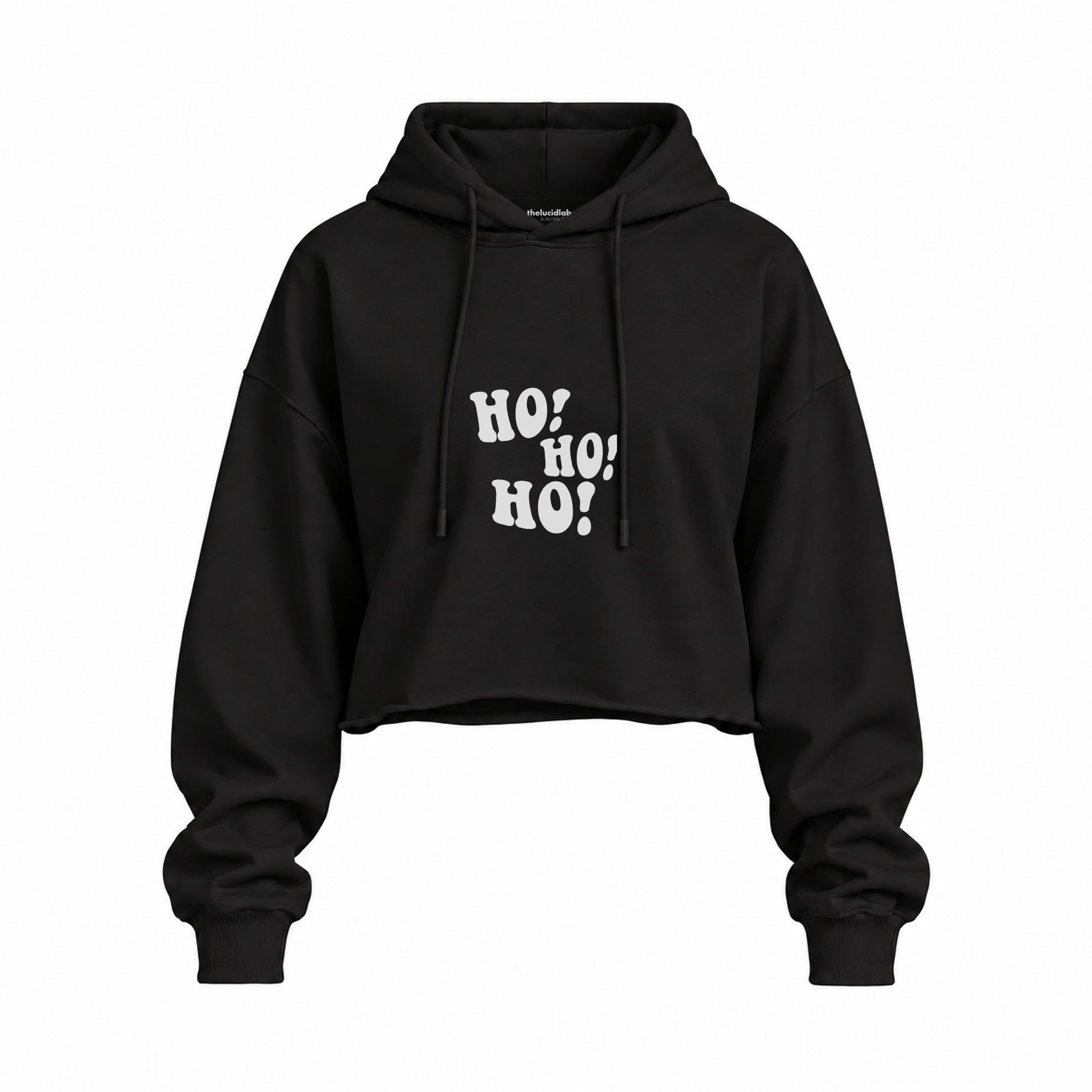 Ho Ho Ho Oversize Crop Hoodie — Siyah — Ön baskı