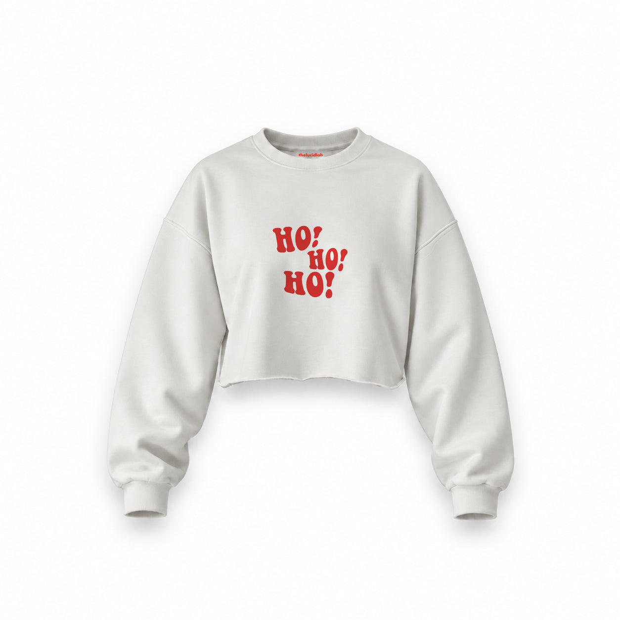Ho Ho Ho Oversize Crop Sweatshirt — Beyaz — Ön baskı