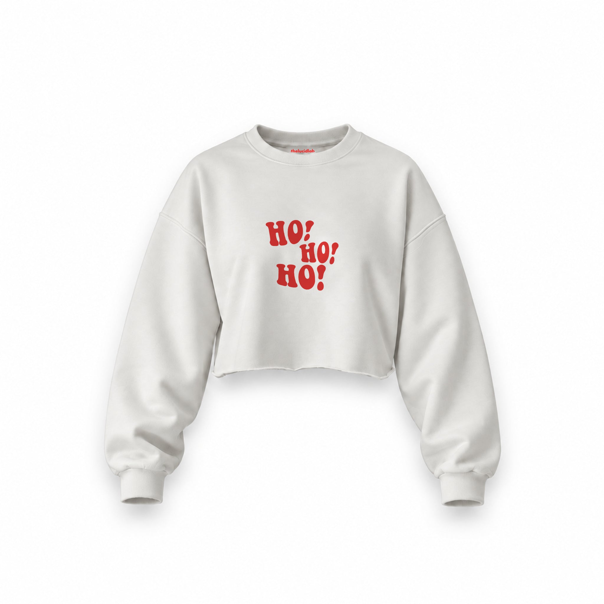 Ho Ho Ho Oversize Crop Sweatshirt — Beyaz — Ön baskı