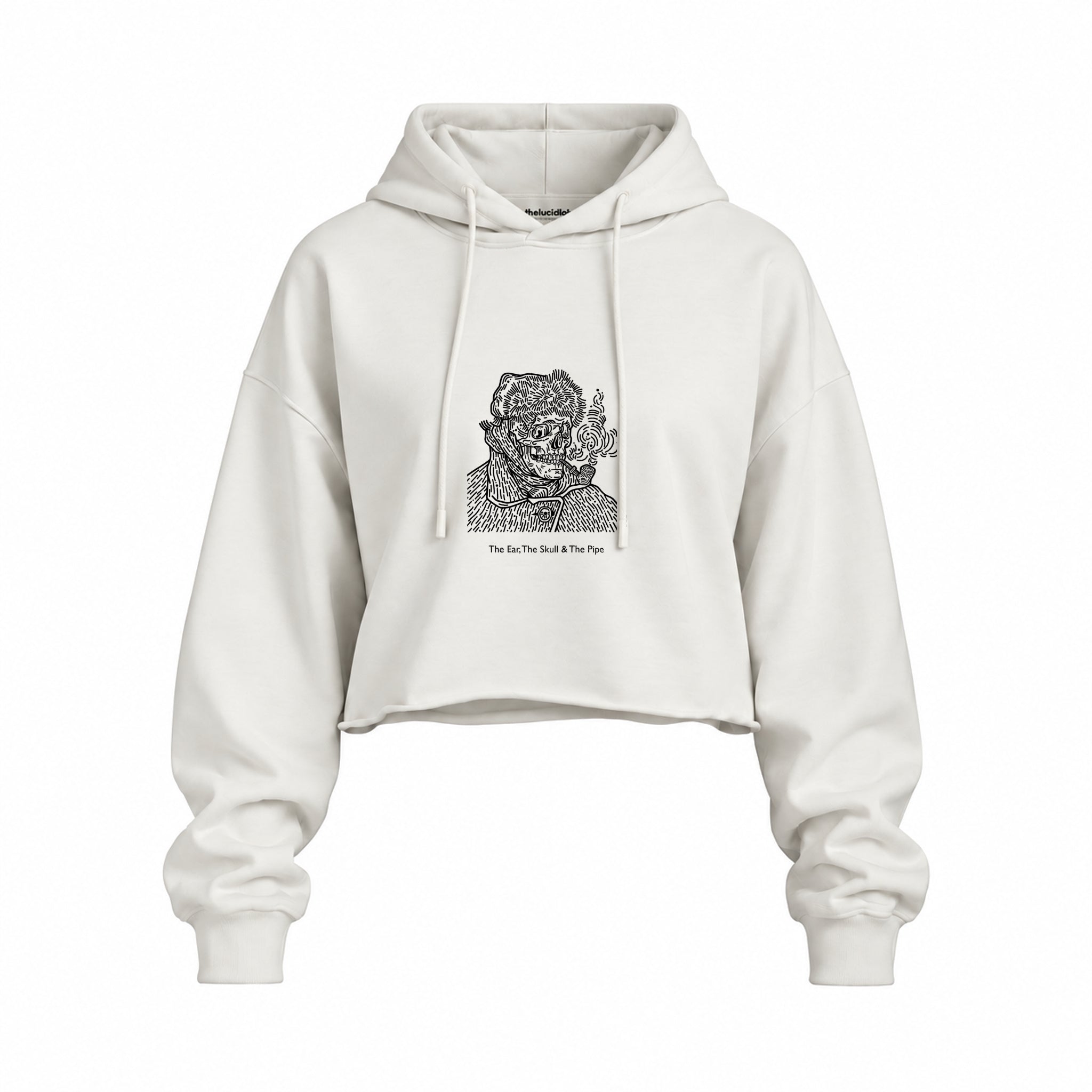 The Ear, The Skull & The Pipe Oversize Crop Hoodie — Beyaz — Ön baskı