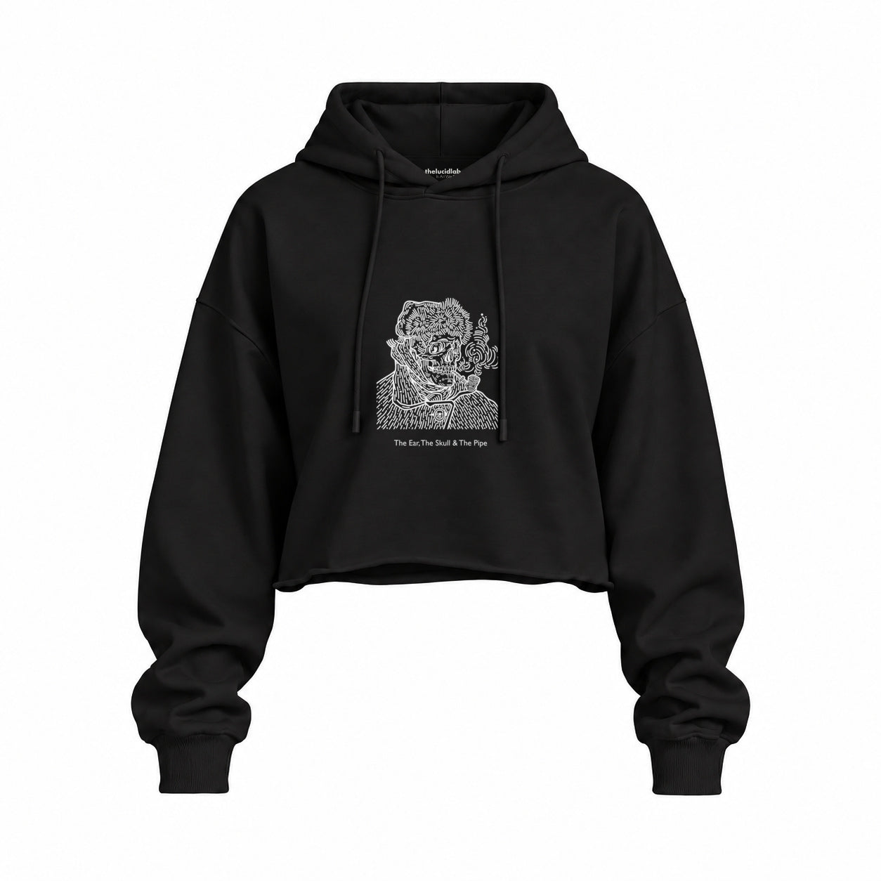 The Ear, The Skull & The Pipe Oversize Crop Hoodie — Siyah — Ön baskı