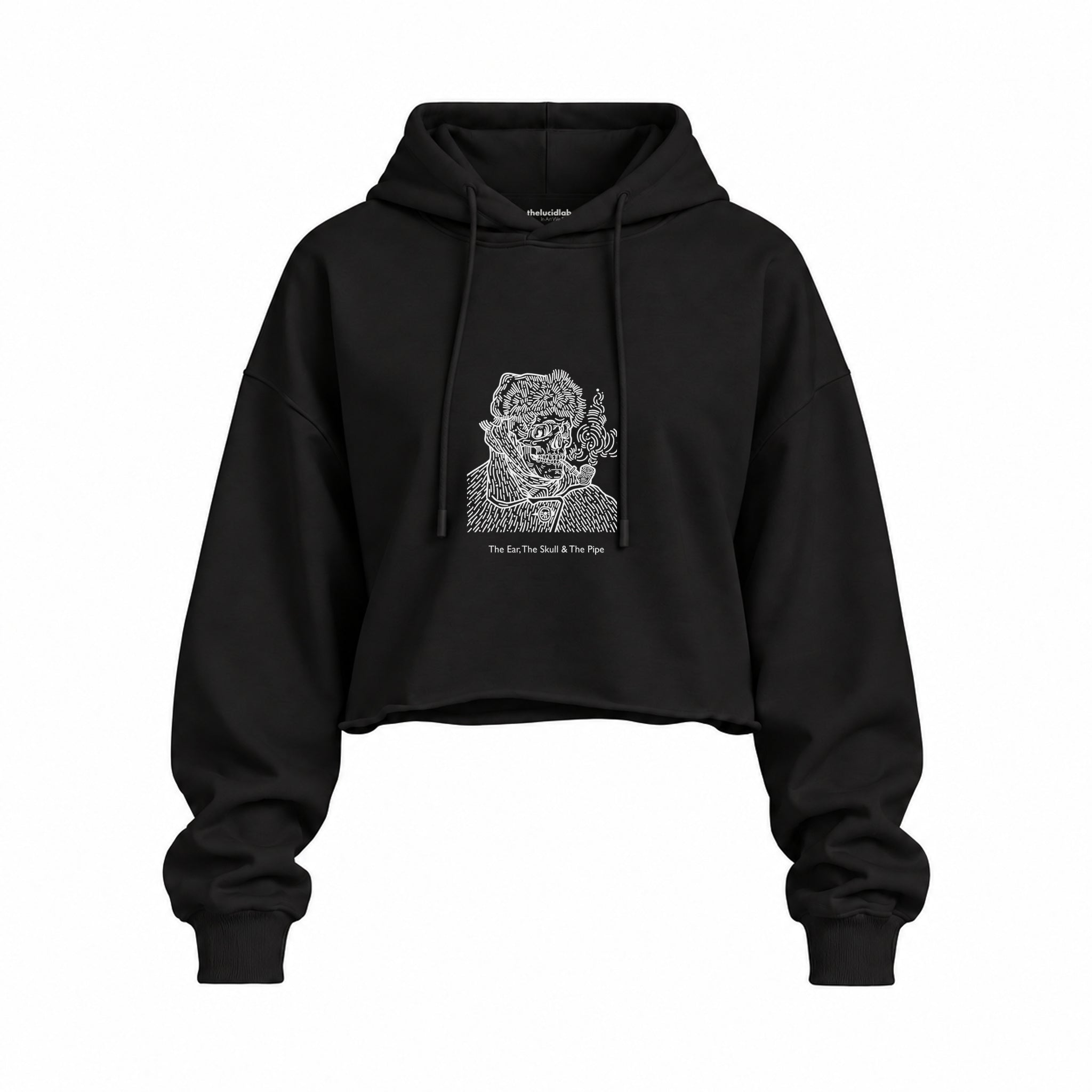 The Ear, The Skull & The Pipe Oversize Crop Hoodie — Siyah — Ön baskı