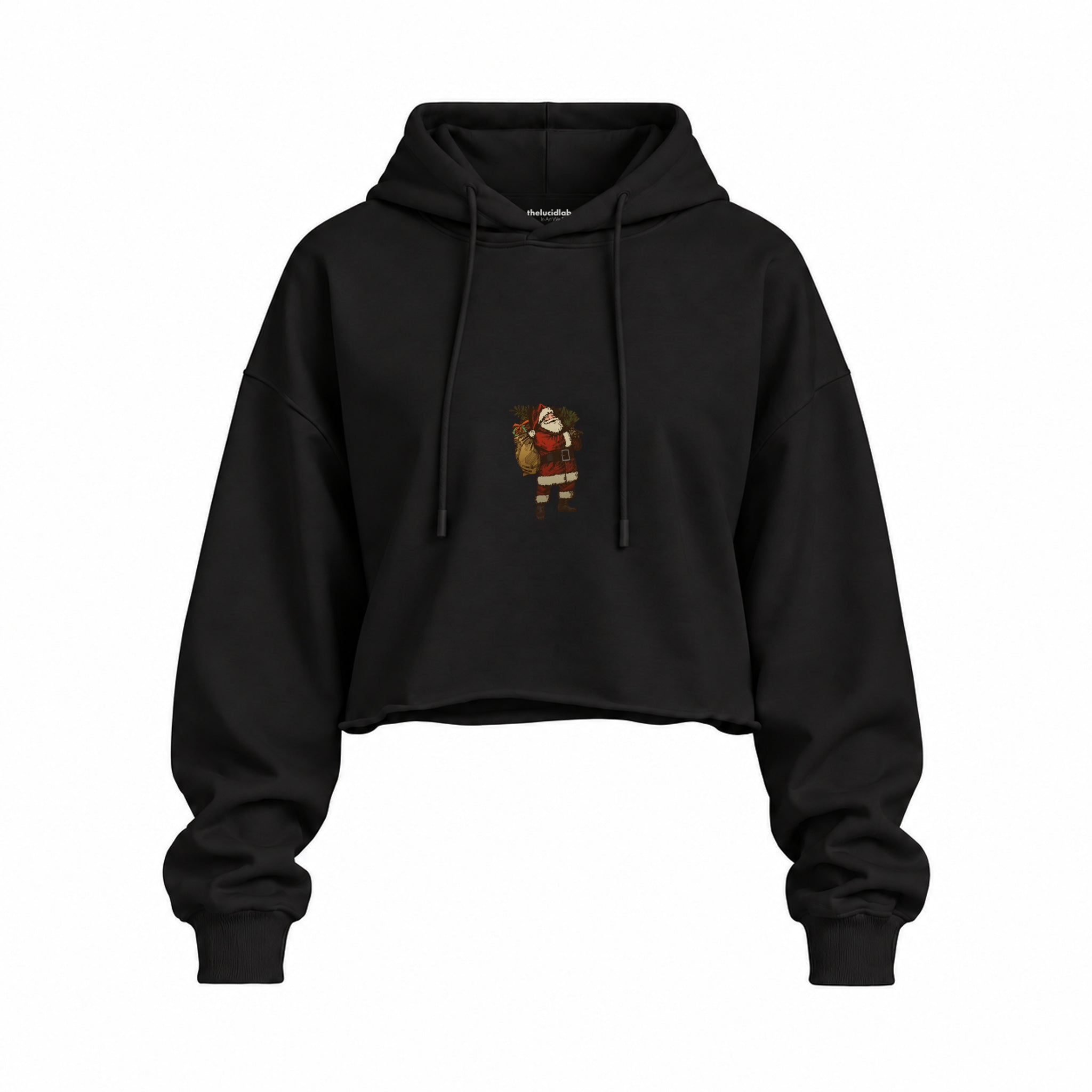 Vintage Santa Oversize Crop Hoodie — Siyah — Ön baskı