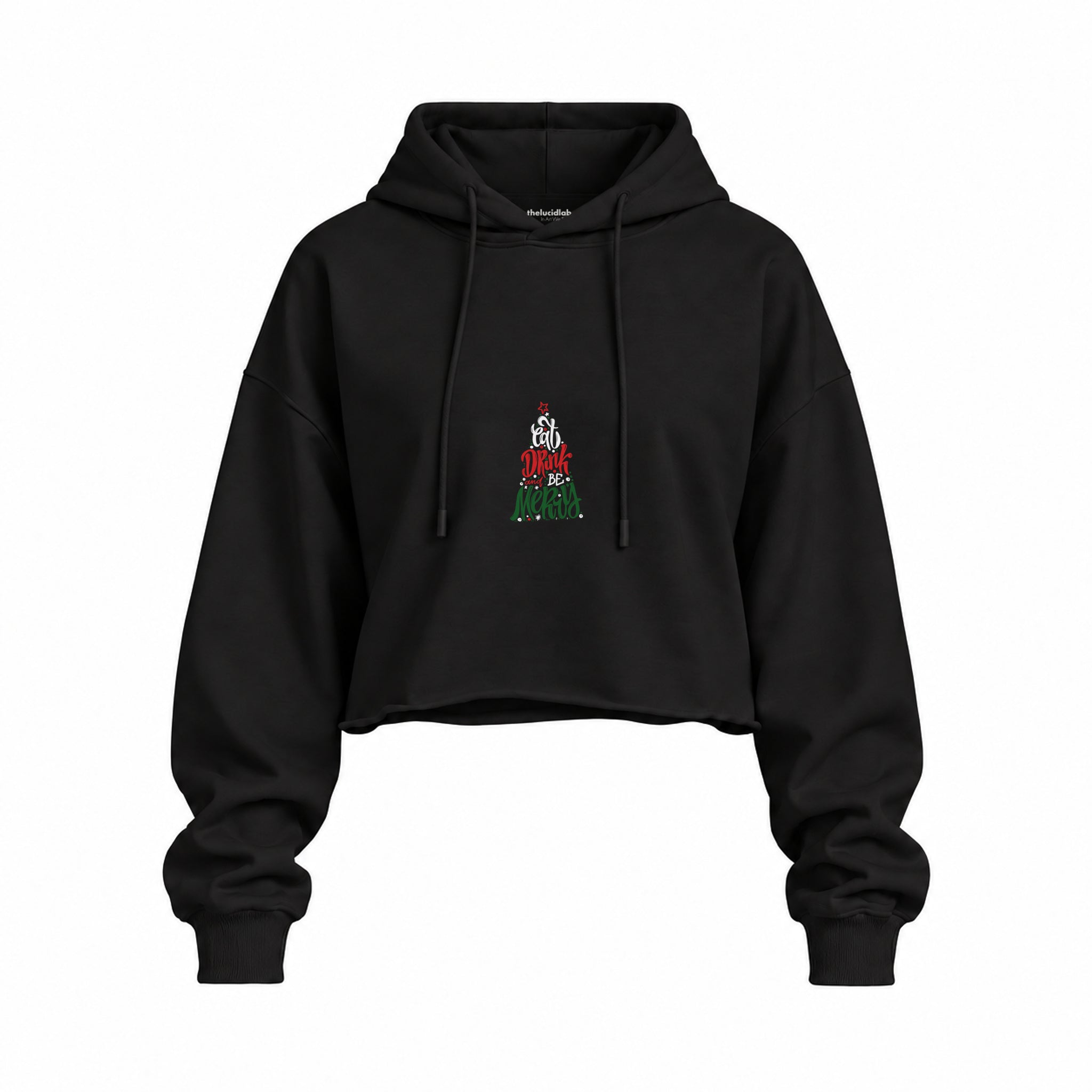Merry Cat Moments Oversize Crop Hoodie — Siyah — Ön baskı