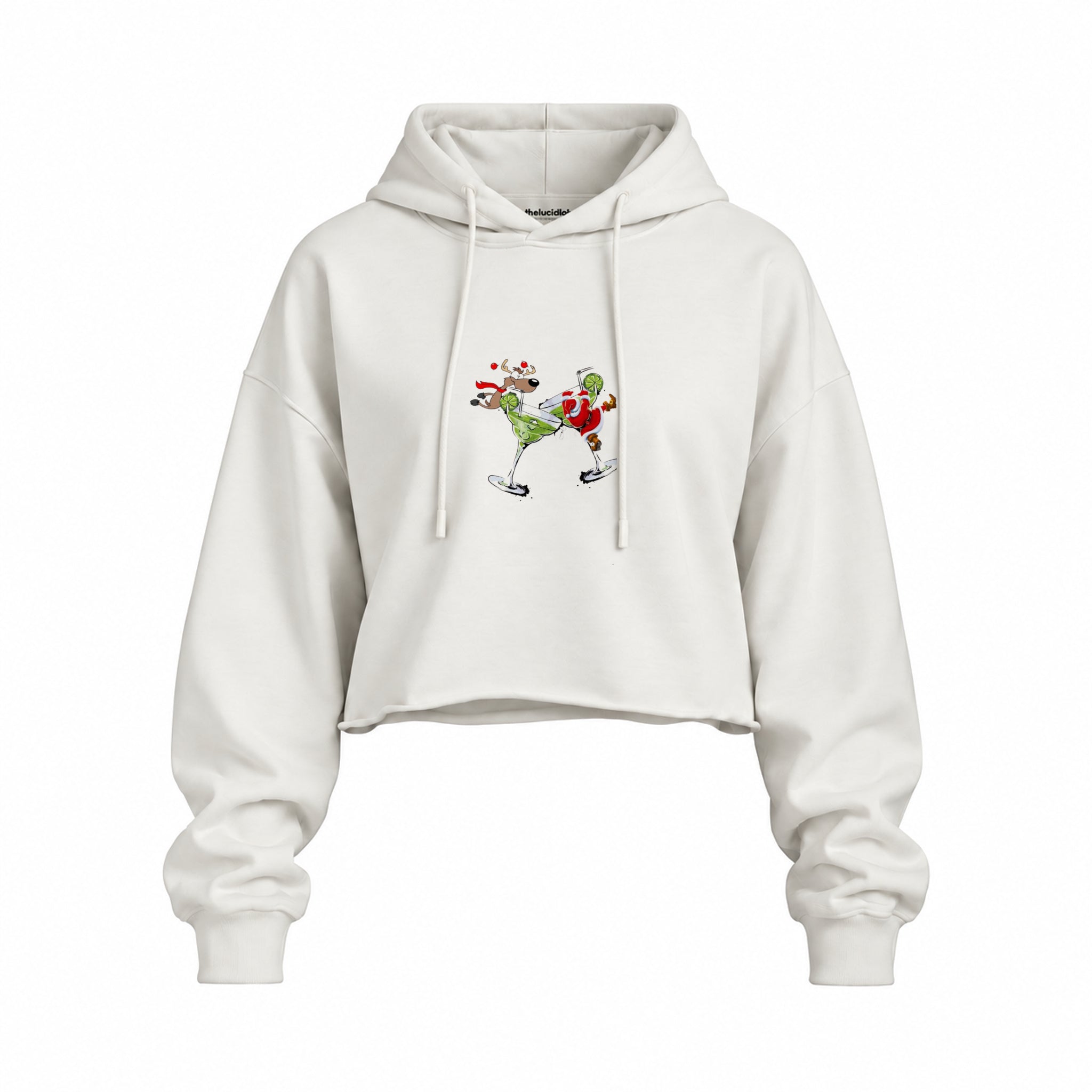 Tipsy Santa Oversize Crop Hoodie — Beyaz — Ön baskı