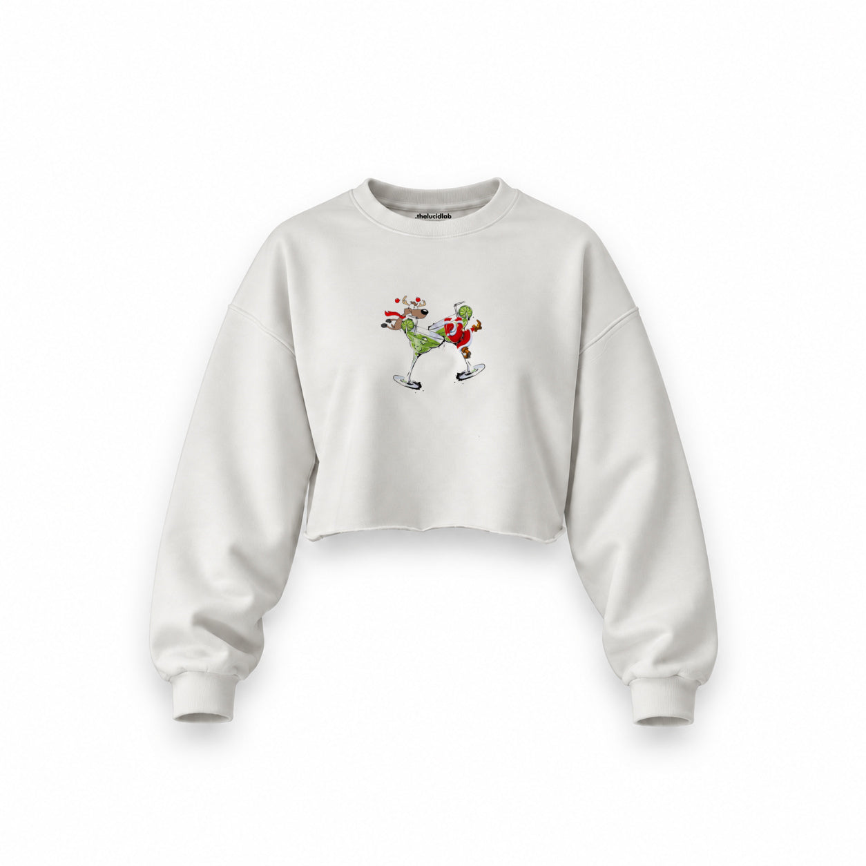 Tipsy Santa Oversize Crop Sweatshirt — Beyaz — Ön baskı