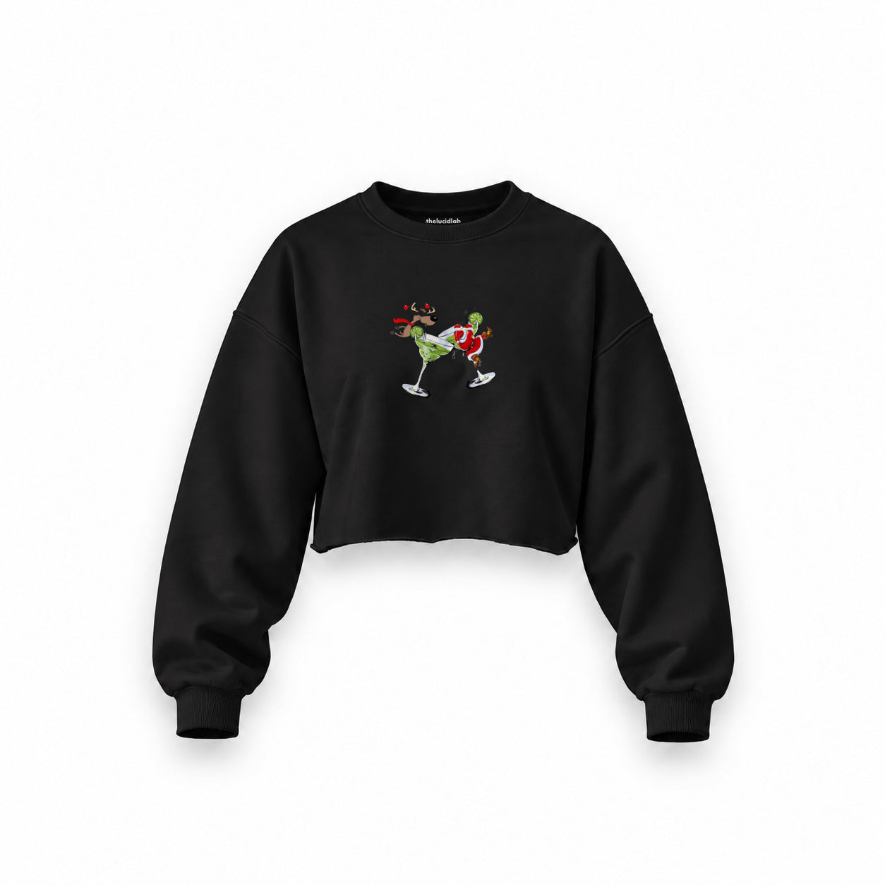 Tipsy Santa Oversize Crop Sweatshirt — Siyah — Ön baskı