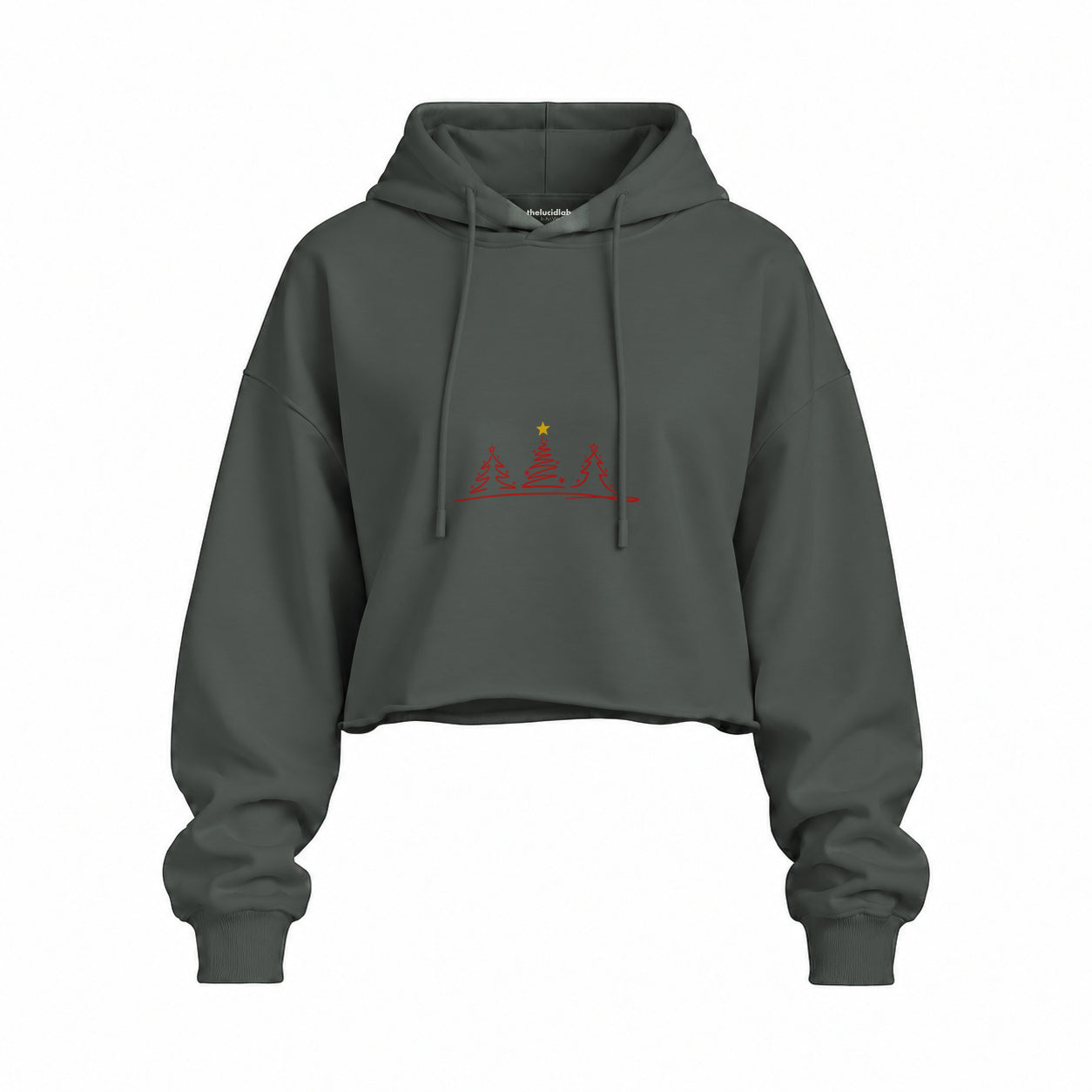 Brushstroke Christmas Tree Oversize Crop Hoodie — Antrasit — Ön baskı