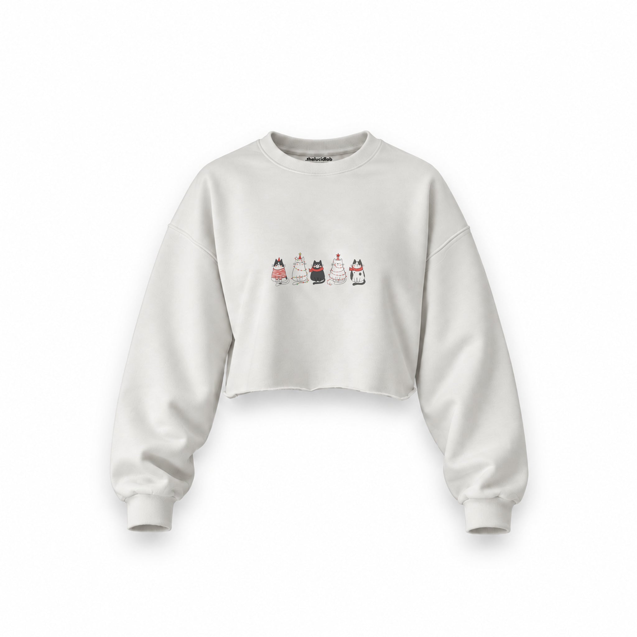 Christmas Kitty Parade Oversize Crop Sweatshirt — Beyaz — Ön baskı