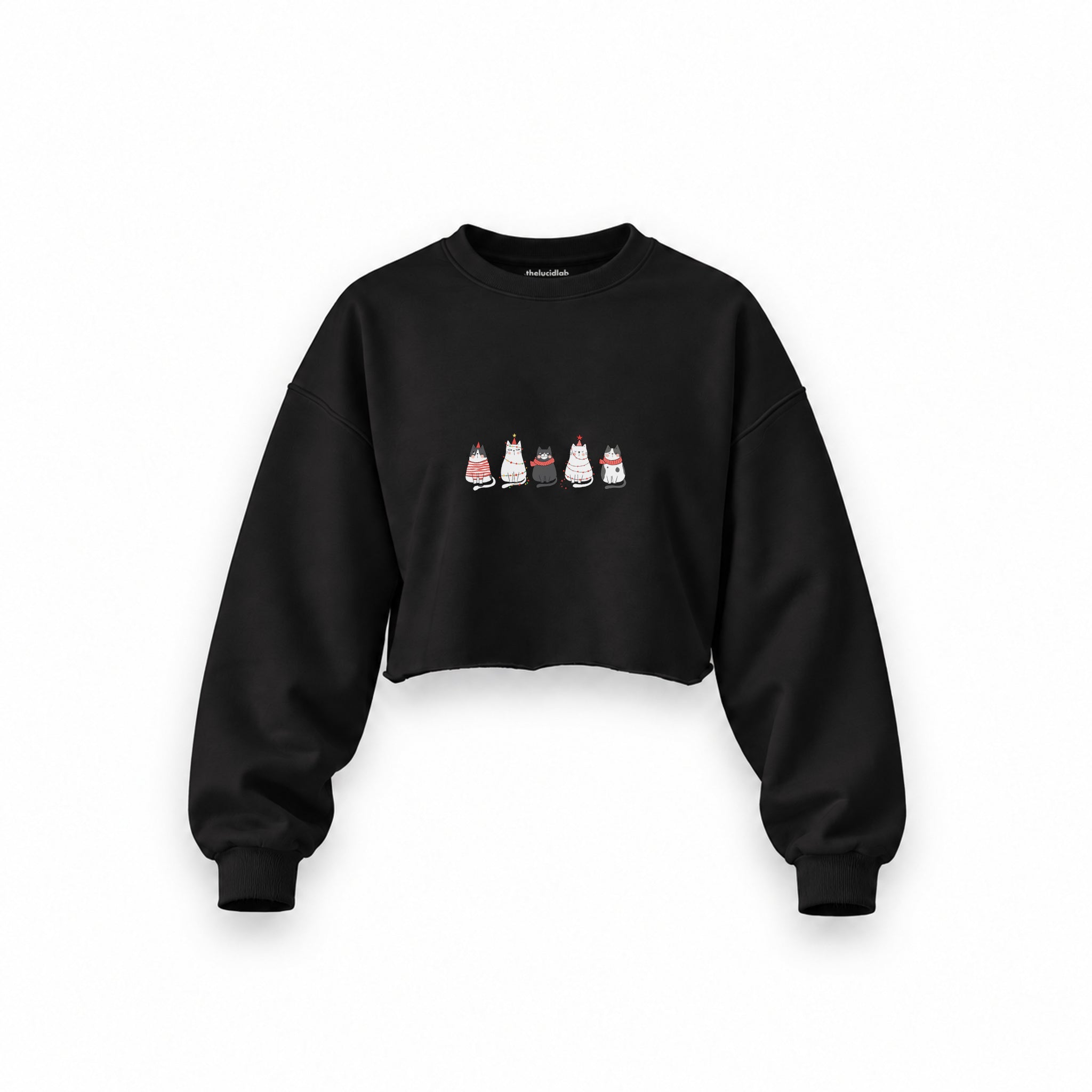 Christmas Kitty Parade Oversize Crop Sweatshirt — Siyah — Ön baskı