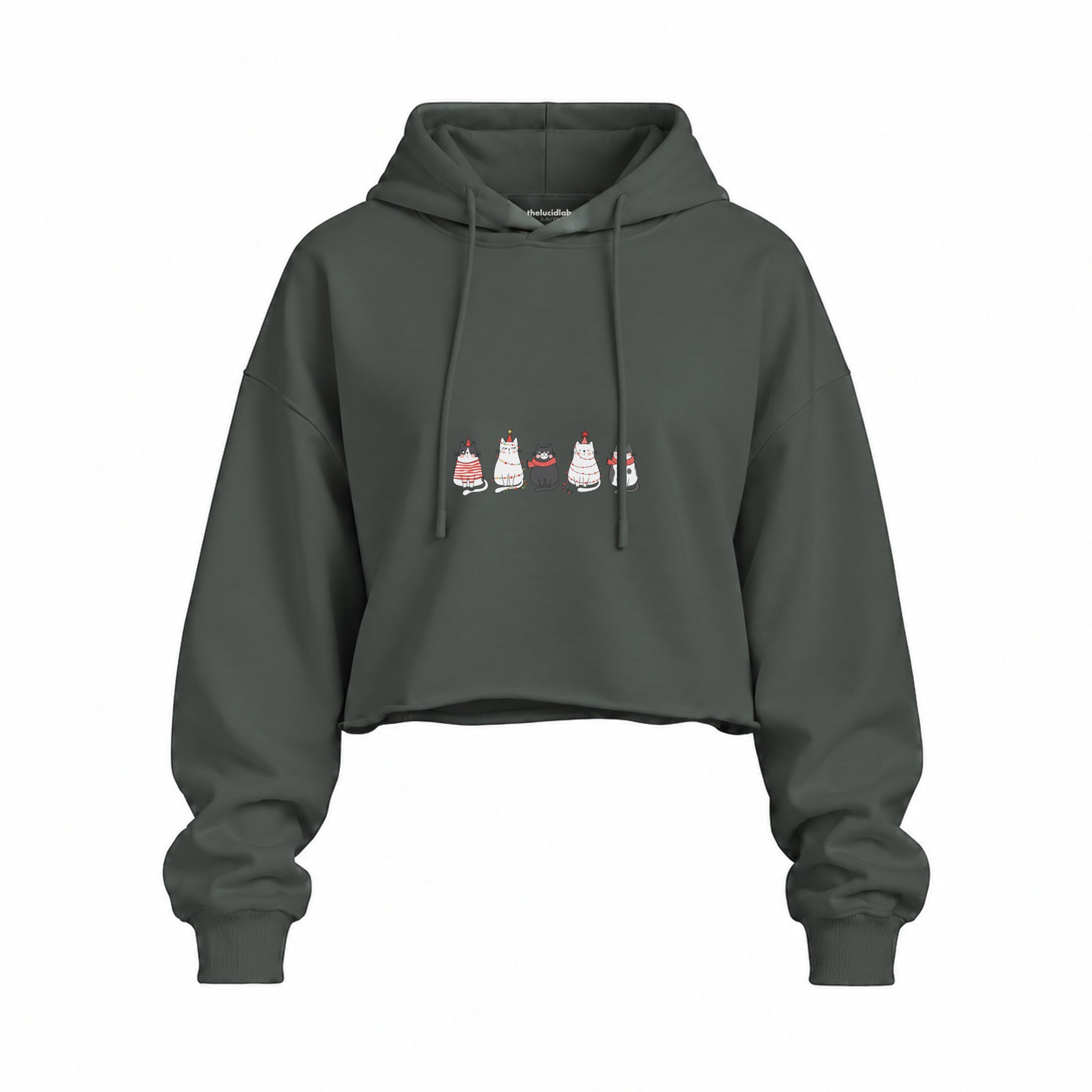 Christmas Kitty Parade Oversize Crop Hoodie — Antrasit — Ön baskı