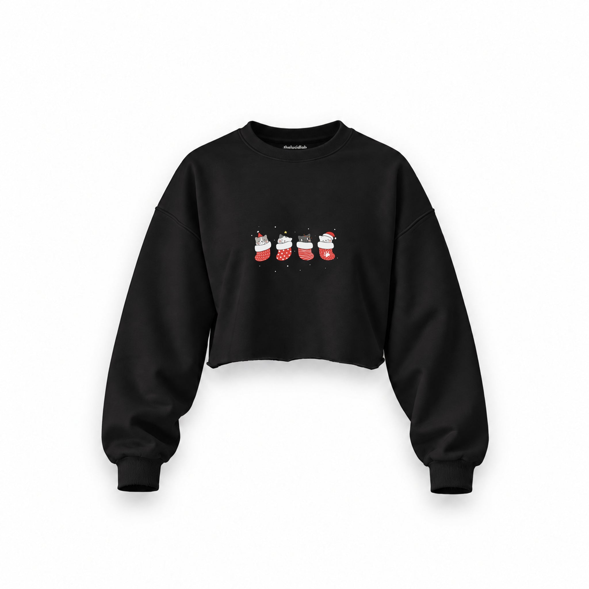 Christmas Stocking Cats Oversize Crop Sweatshirt — Siyah — Ön baskı