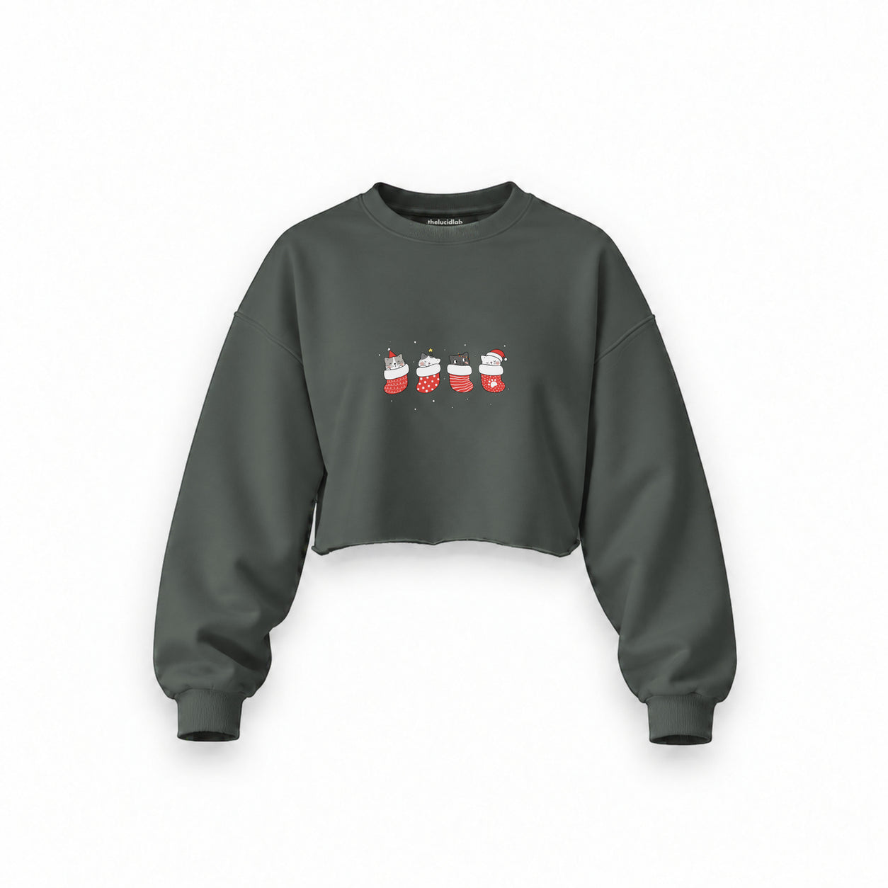 Christmas Stocking Cats Oversize Crop Sweatshirt — Antrasit — Ön baskı