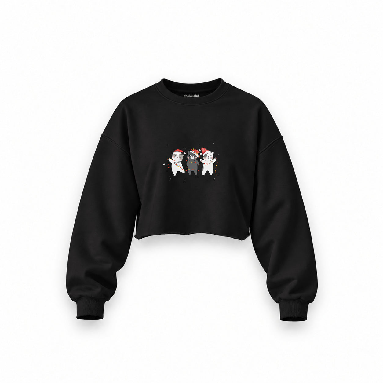 Tangled Christmas Cats Oversize Crop Sweatshirt — Siyah — Ön baskı