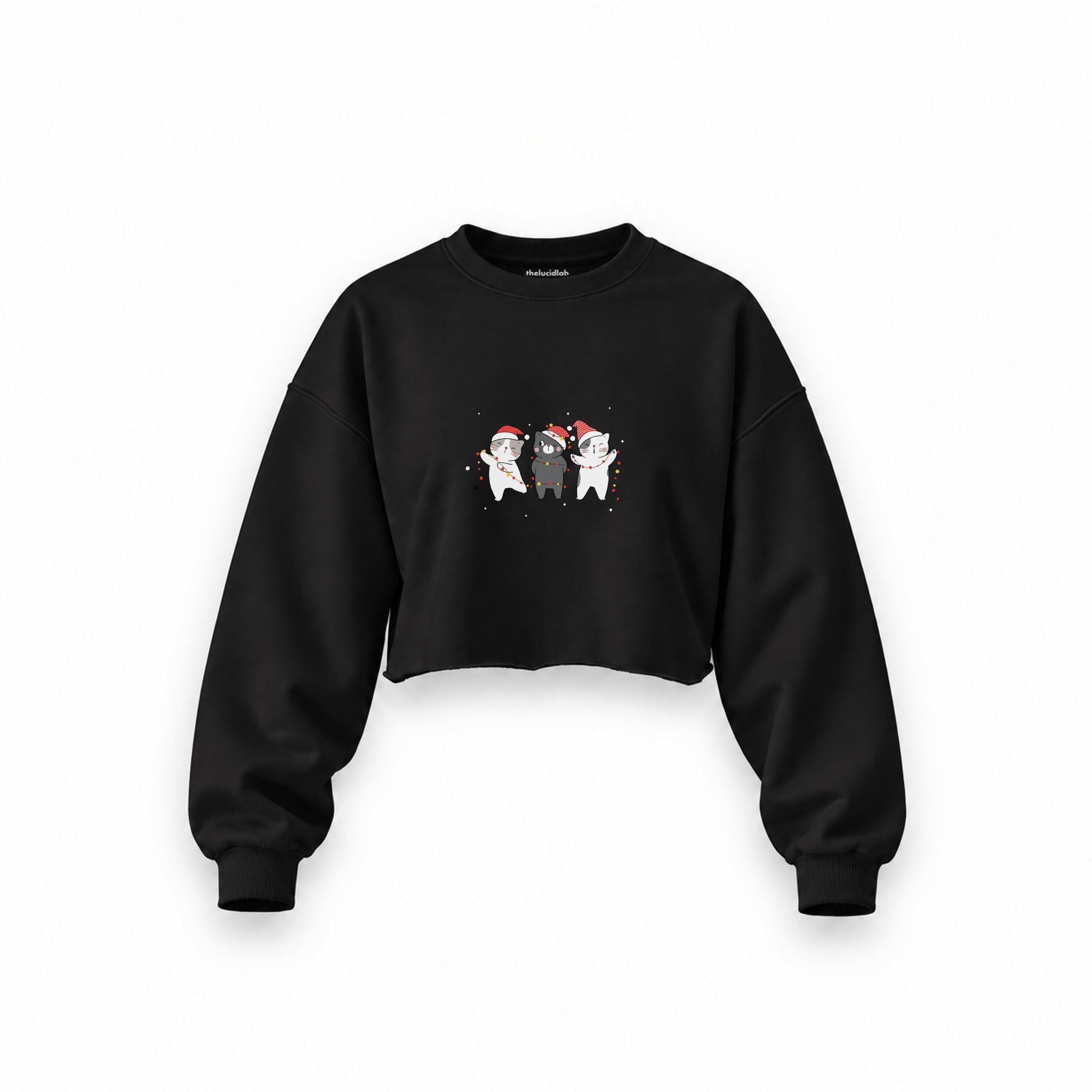 Tangled Christmas Cats Oversize Crop Sweatshirt — Siyah — Ön baskı