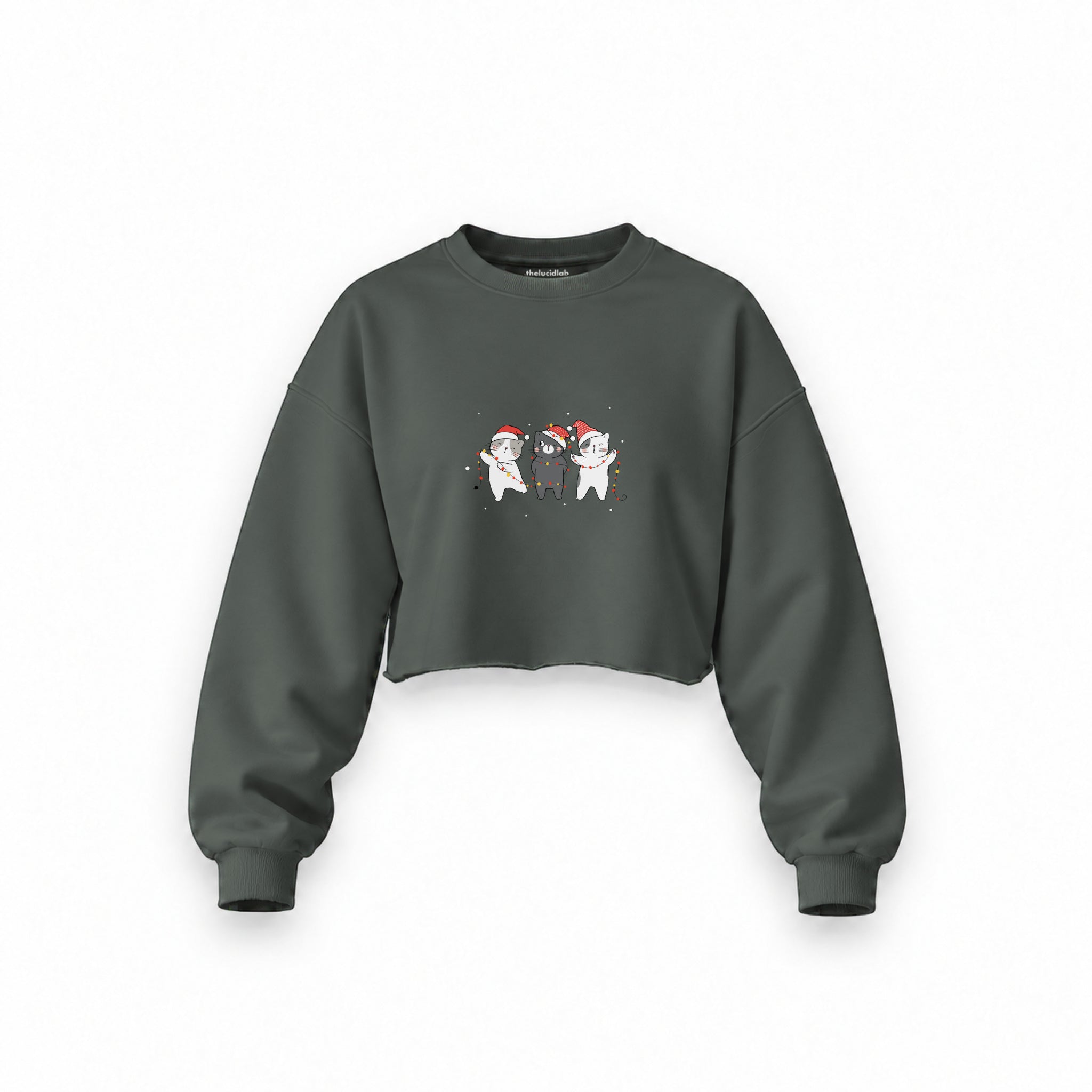Tangled Christmas Cats Oversize Crop Sweatshirt — Antrasit — Ön baskı