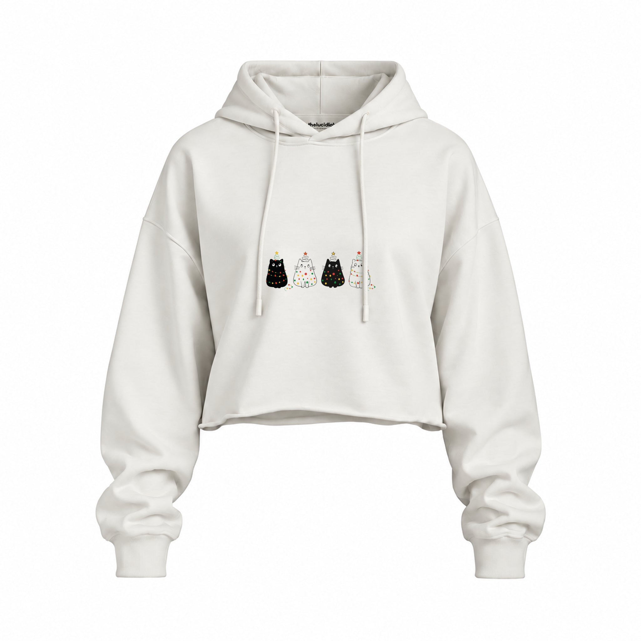 Twinkle Puffy Cats Oversize Crop Hoodie — Beyaz — Ön baskı