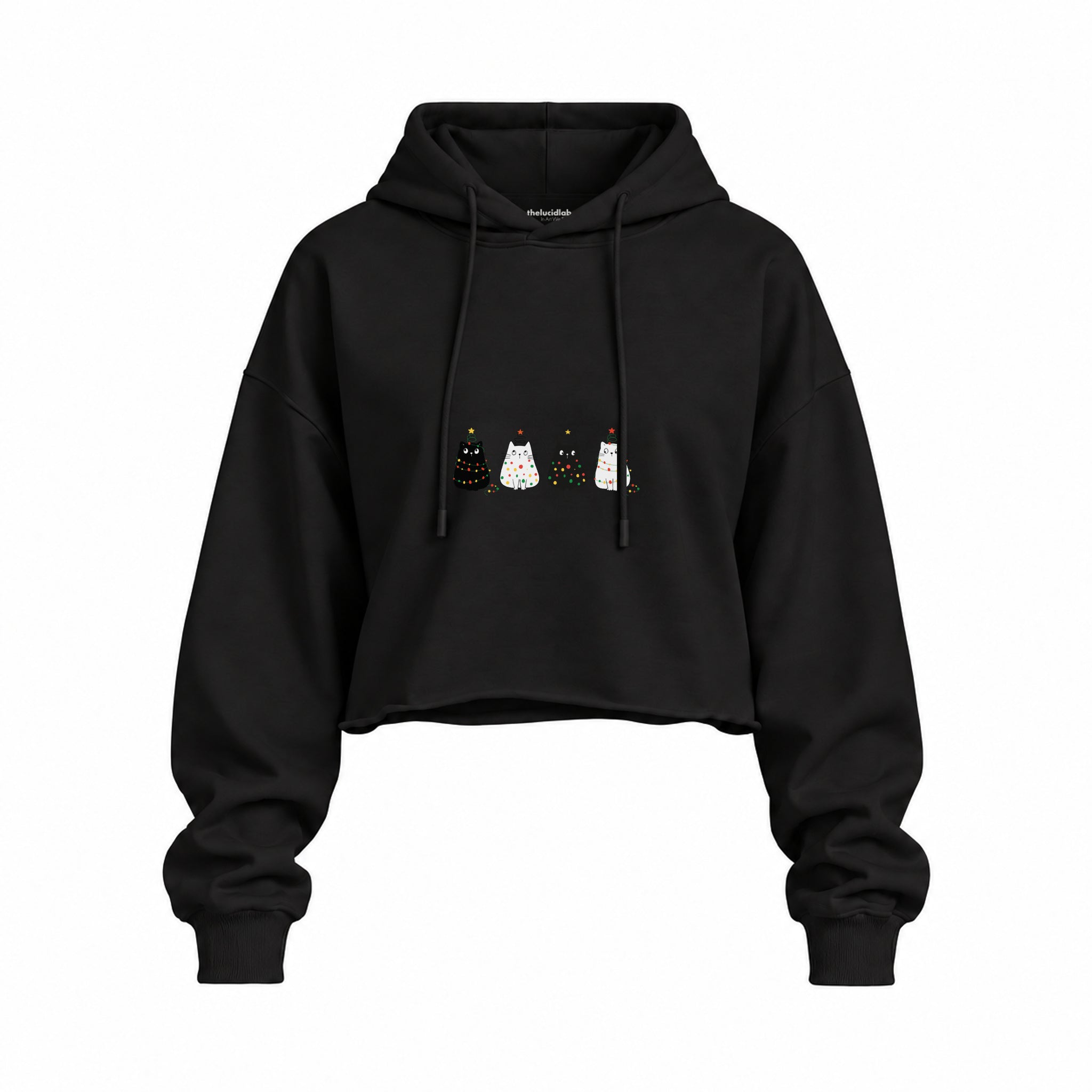 Twinkle Puffy Cats Oversize Crop Hoodie — Siyah — Ön baskı