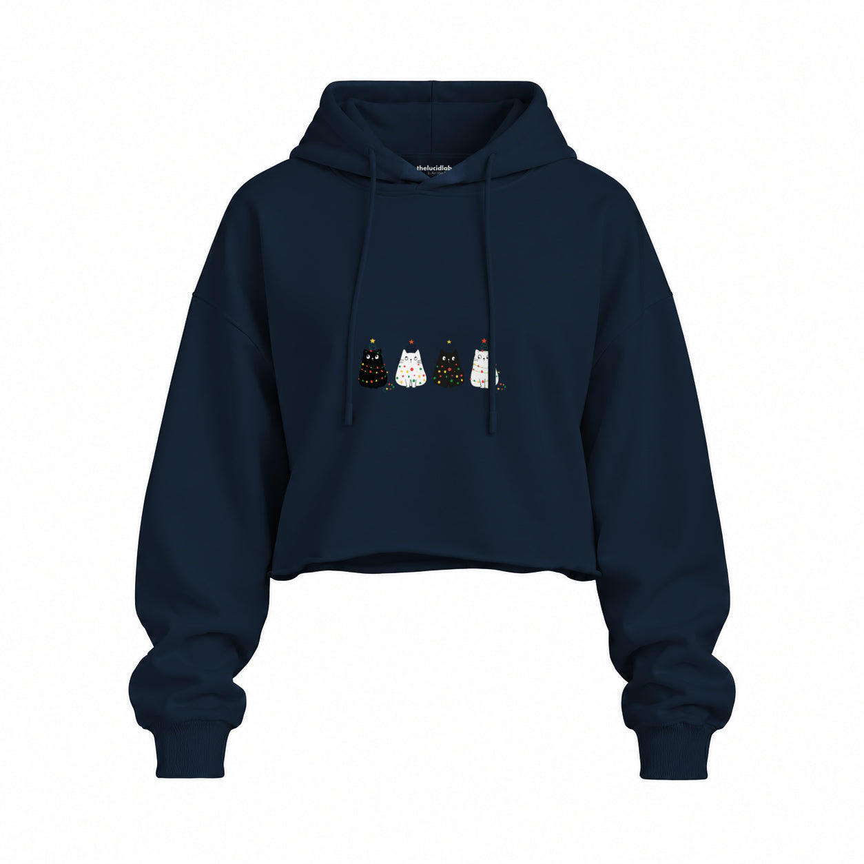 Twinkle Puffy Cats Oversize Crop Hoodie — Lacivert — Ön baskı