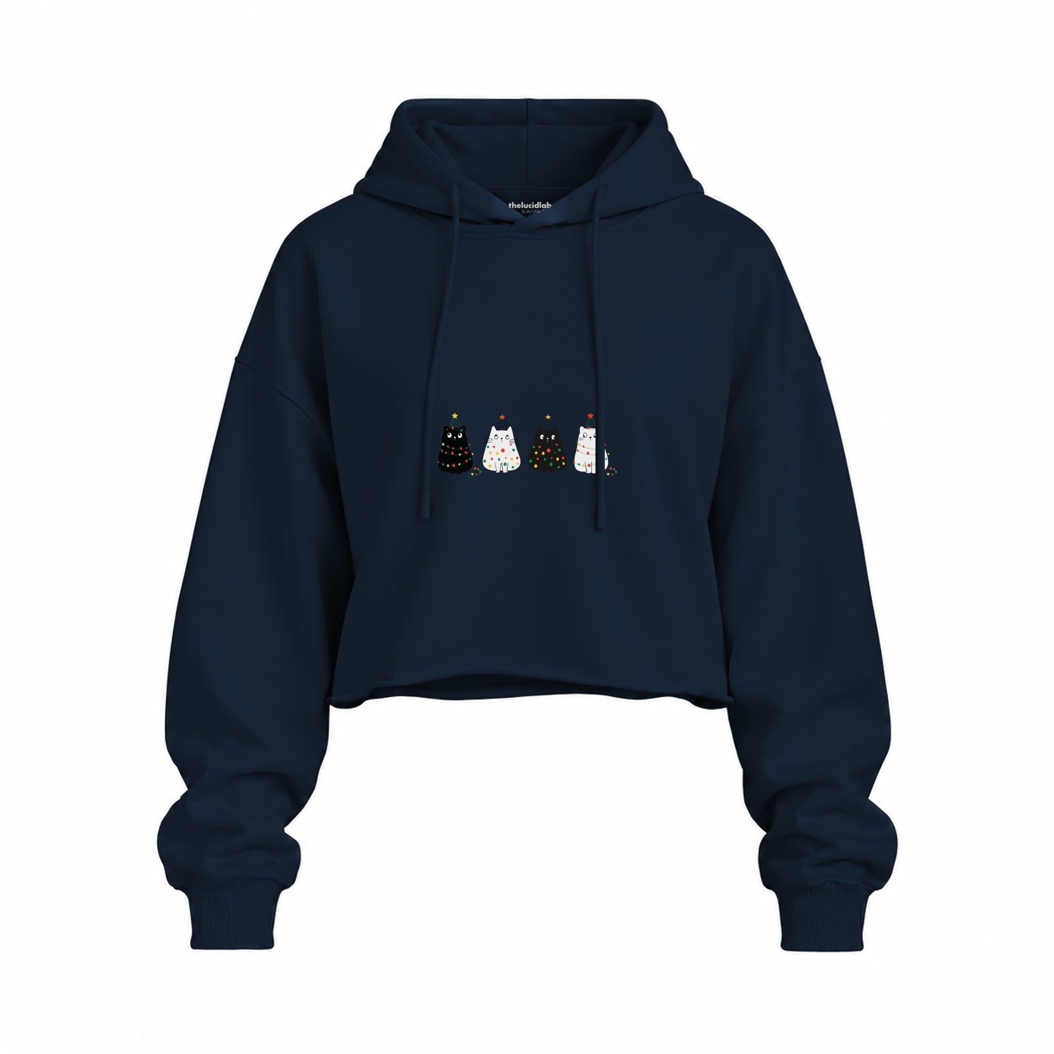 Twinkle Puffy Cats Oversize Crop Hoodie — Lacivert — Ön baskı