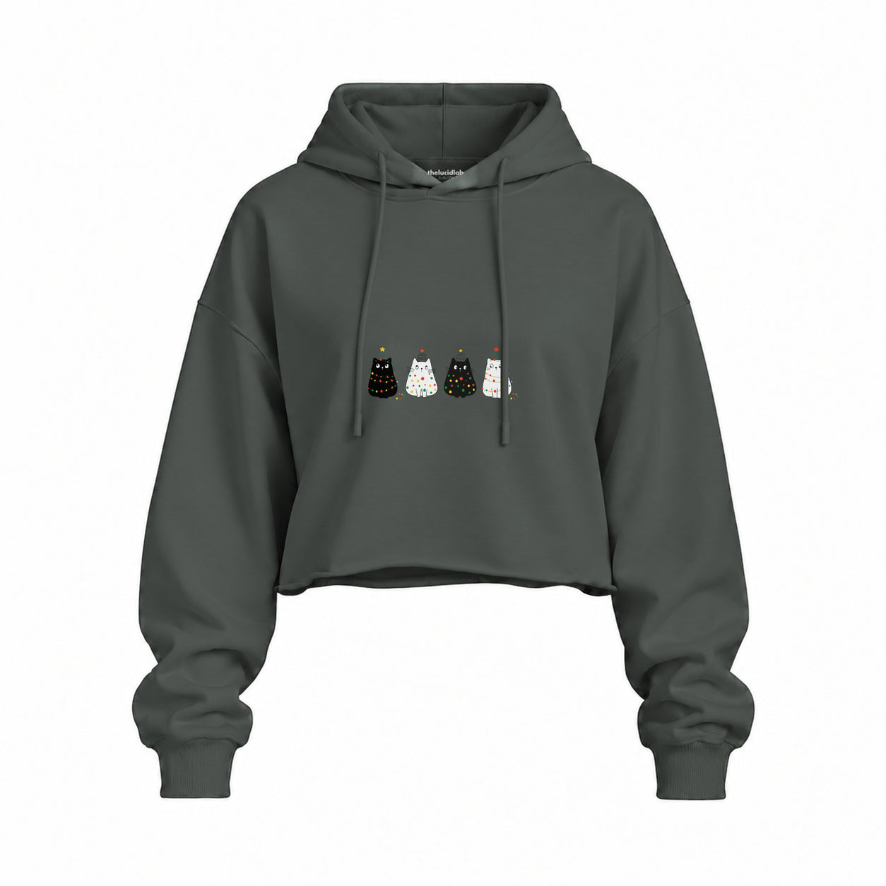 Twinkle Puffy Cats Oversize Crop Hoodie — Antrasit — Ön baskı