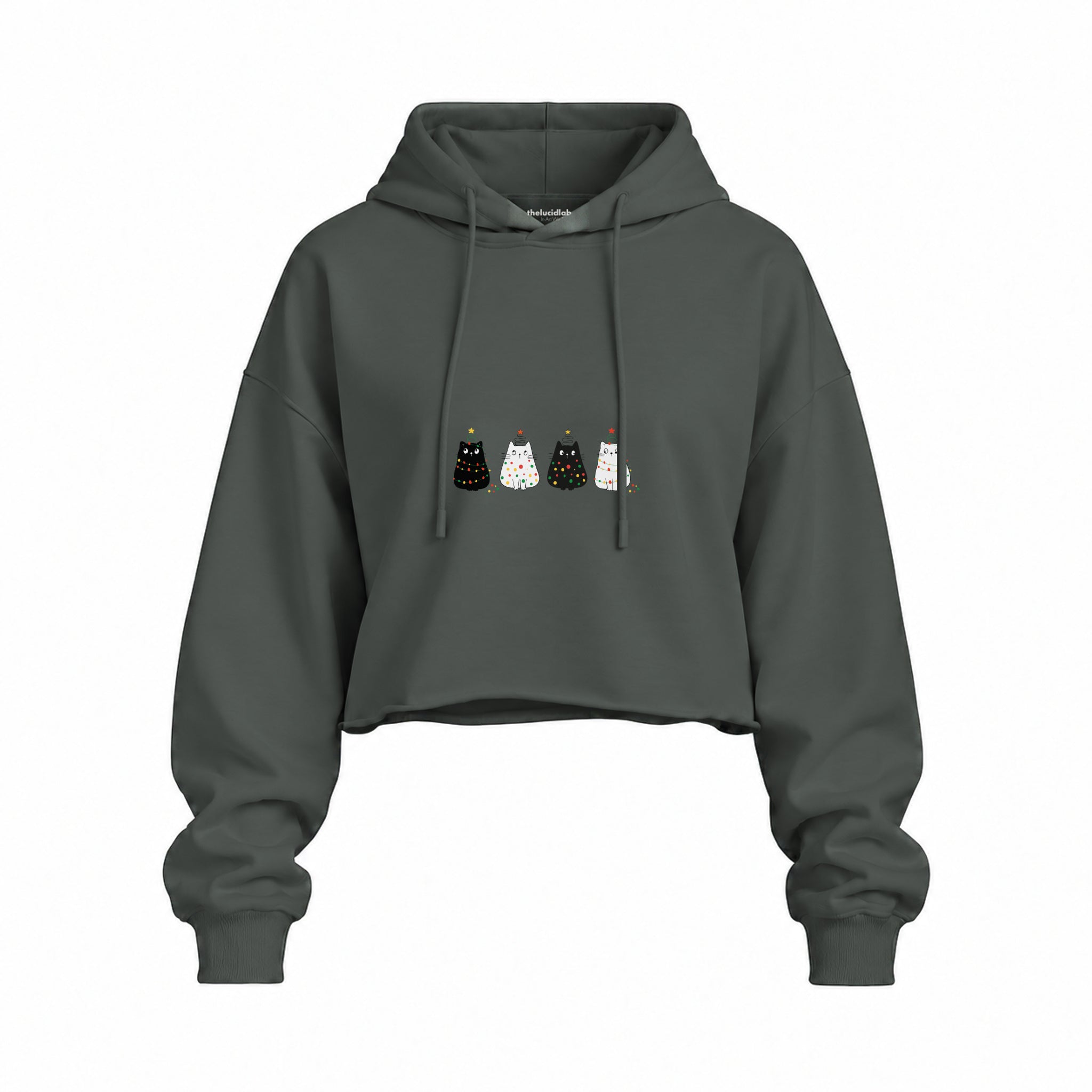 Twinkle Puffy Cats Oversize Crop Hoodie — Antrasit — Ön baskı
