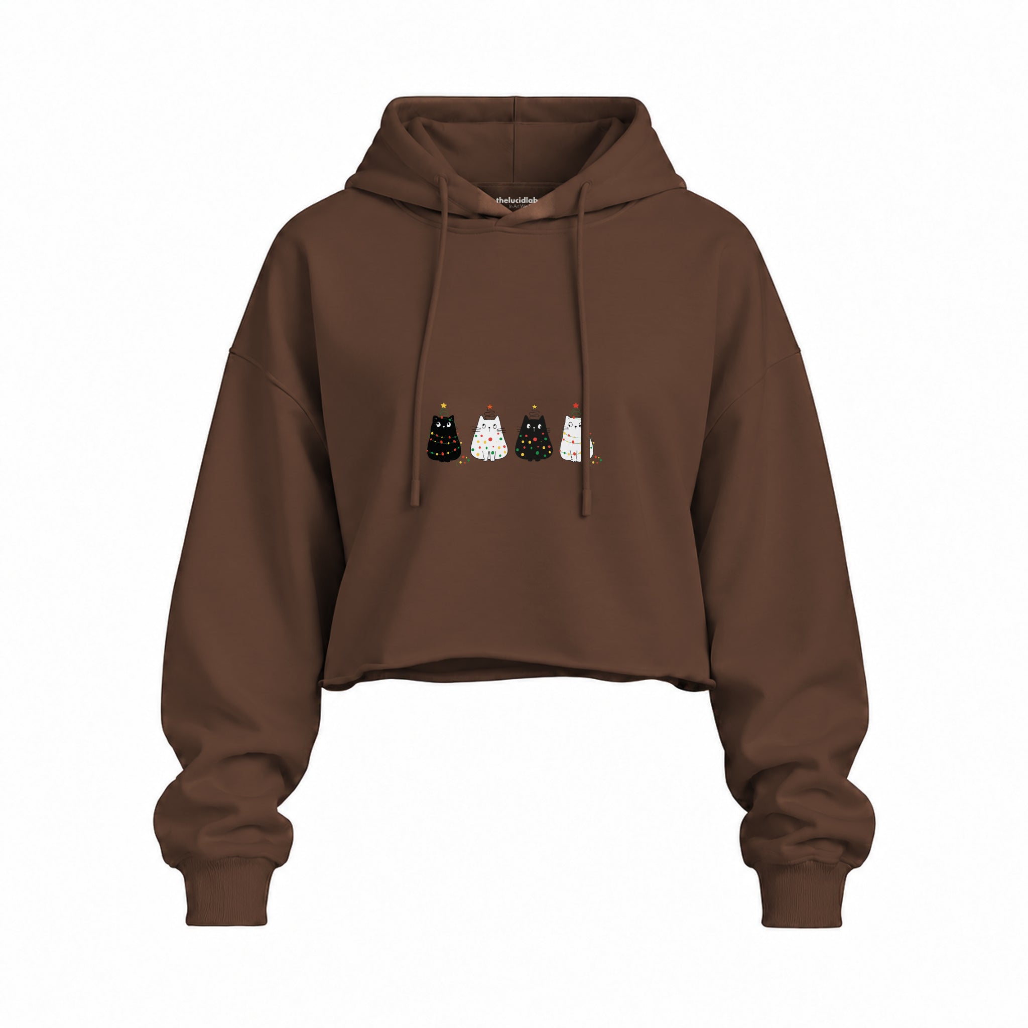 Twinkle Puffy Cats Oversize Crop Hoodie — Kahverengi — Ön baskı