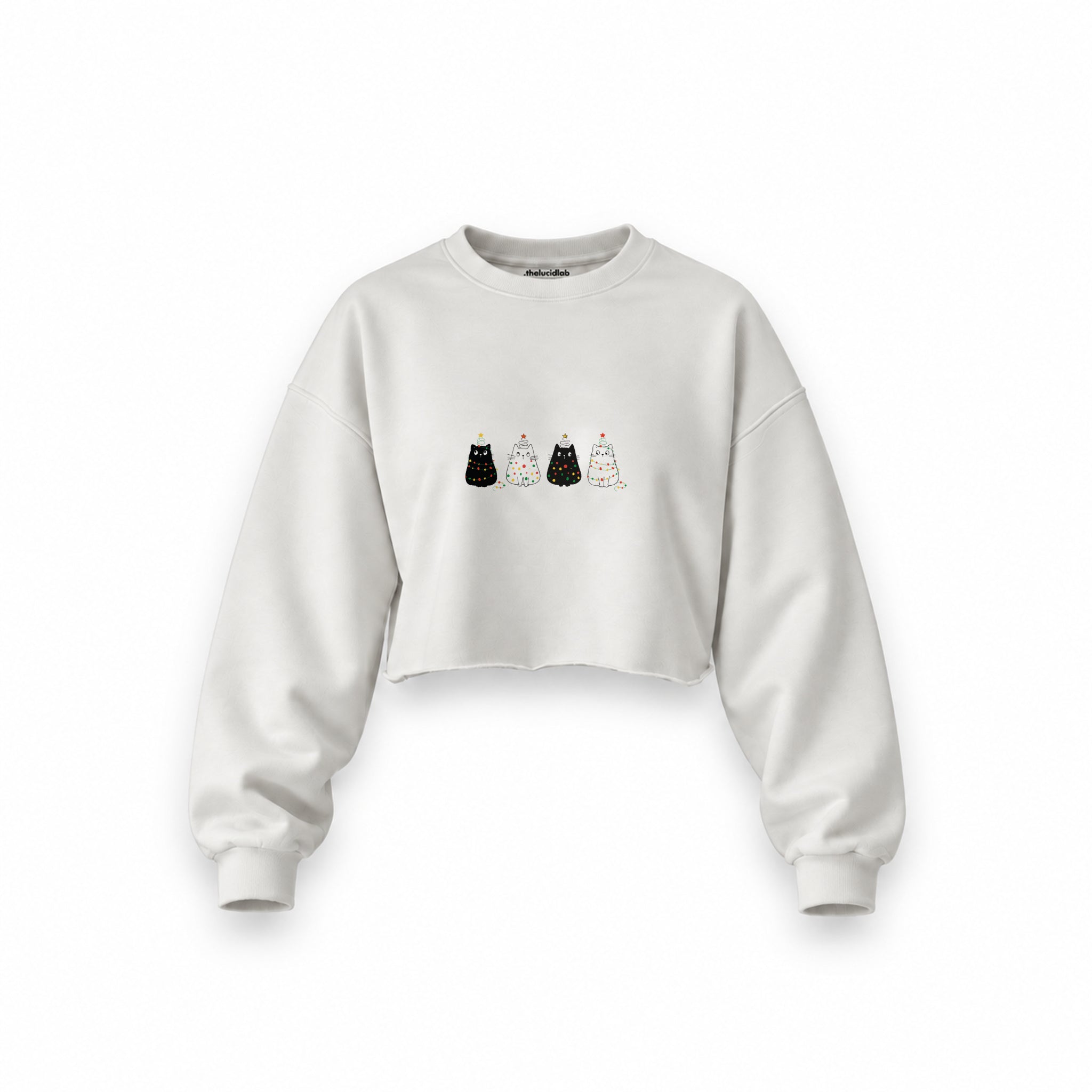 Twinkle Puffy Cats Oversize Crop Sweatshirt — Beyaz — Ön baskı