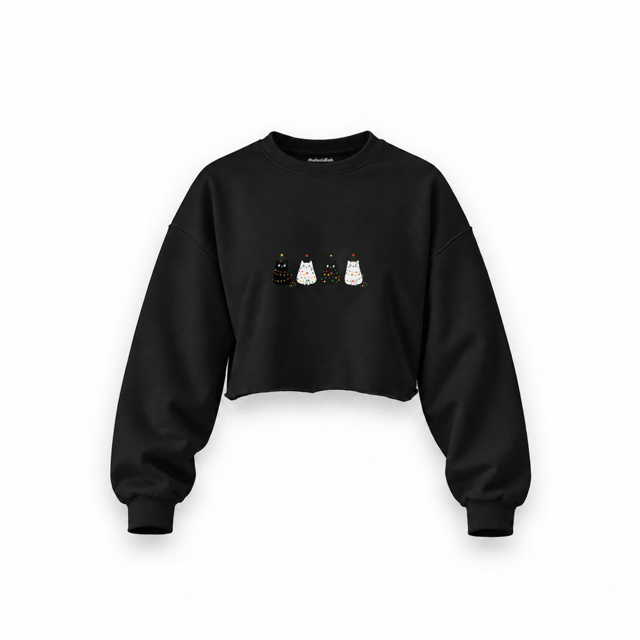 Twinkle Puffy Cats Oversize Crop Sweatshirt — Siyah — Ön baskı