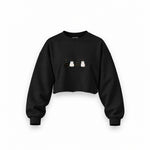 Twinkle Puffy Cats Oversize Crop Sweatshirt — Siyah — Ön baskı