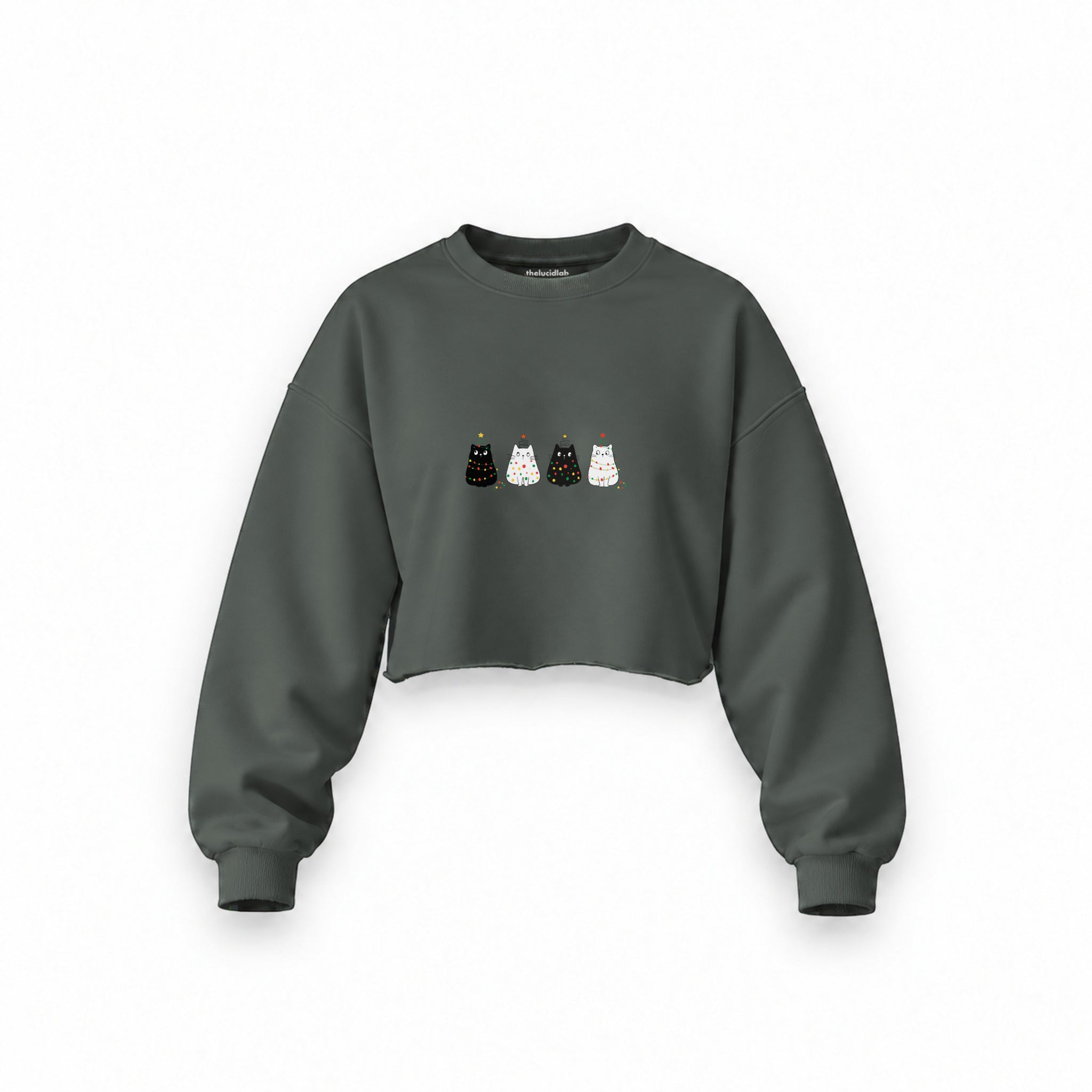Twinkle Puffy Cats Oversize Crop Sweatshirt — Antrasit — Ön baskı