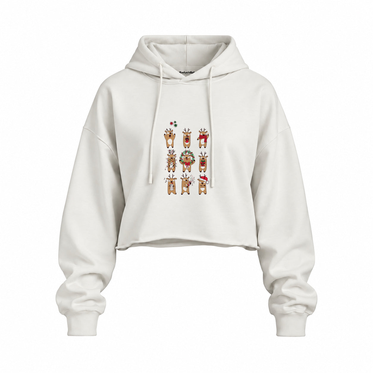 Christmas Reindeer Crew Oversize Crop Hoodie — Beyaz — Ön baskı