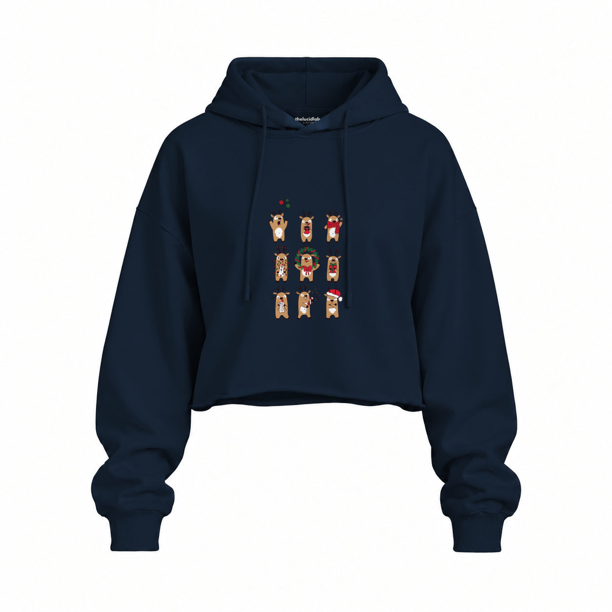 Christmas Reindeer Crew Oversize Crop Hoodie — Lacivert — Ön baskı
