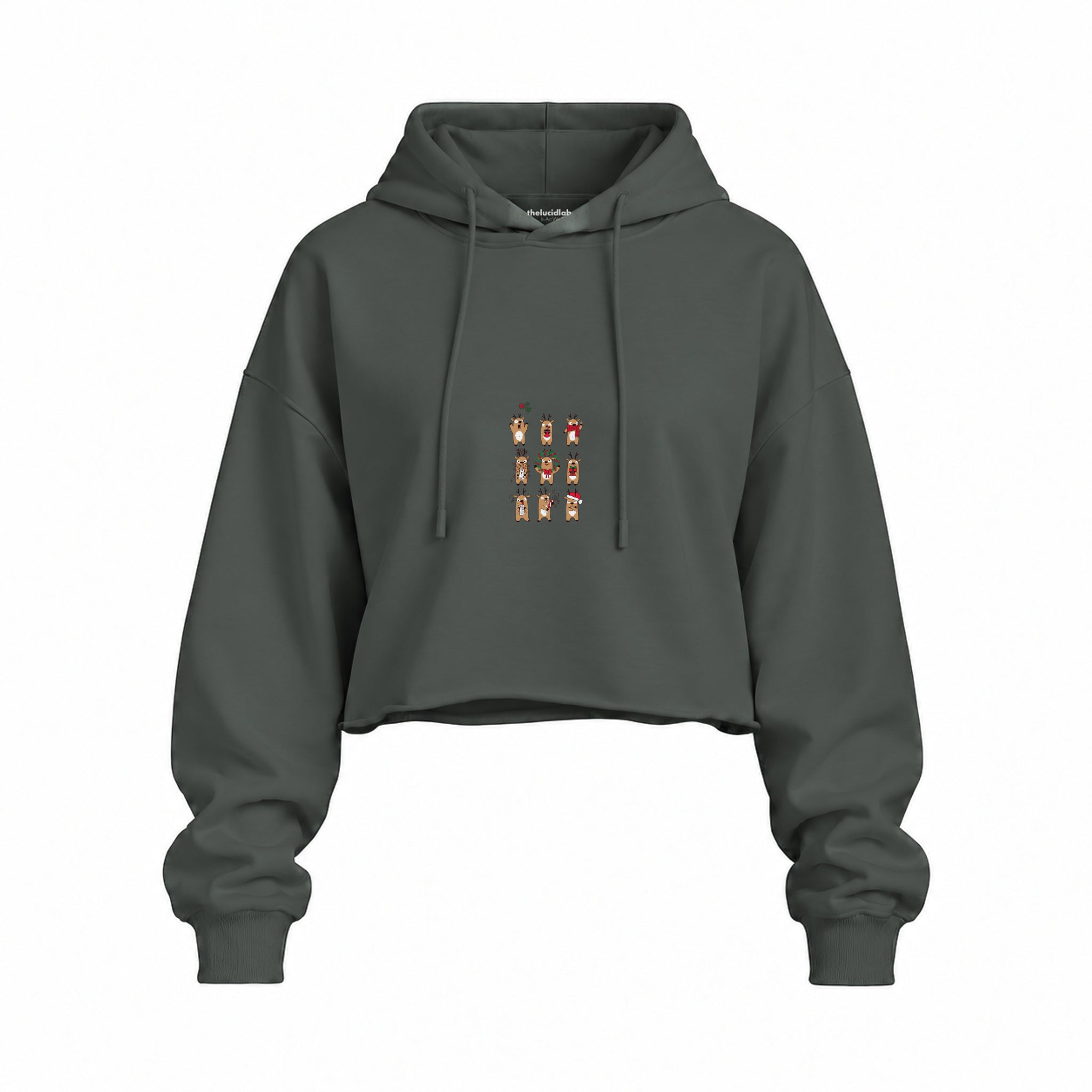Christmas Reindeer Crew Oversize Crop Hoodie — Antrasit — Ön baskı