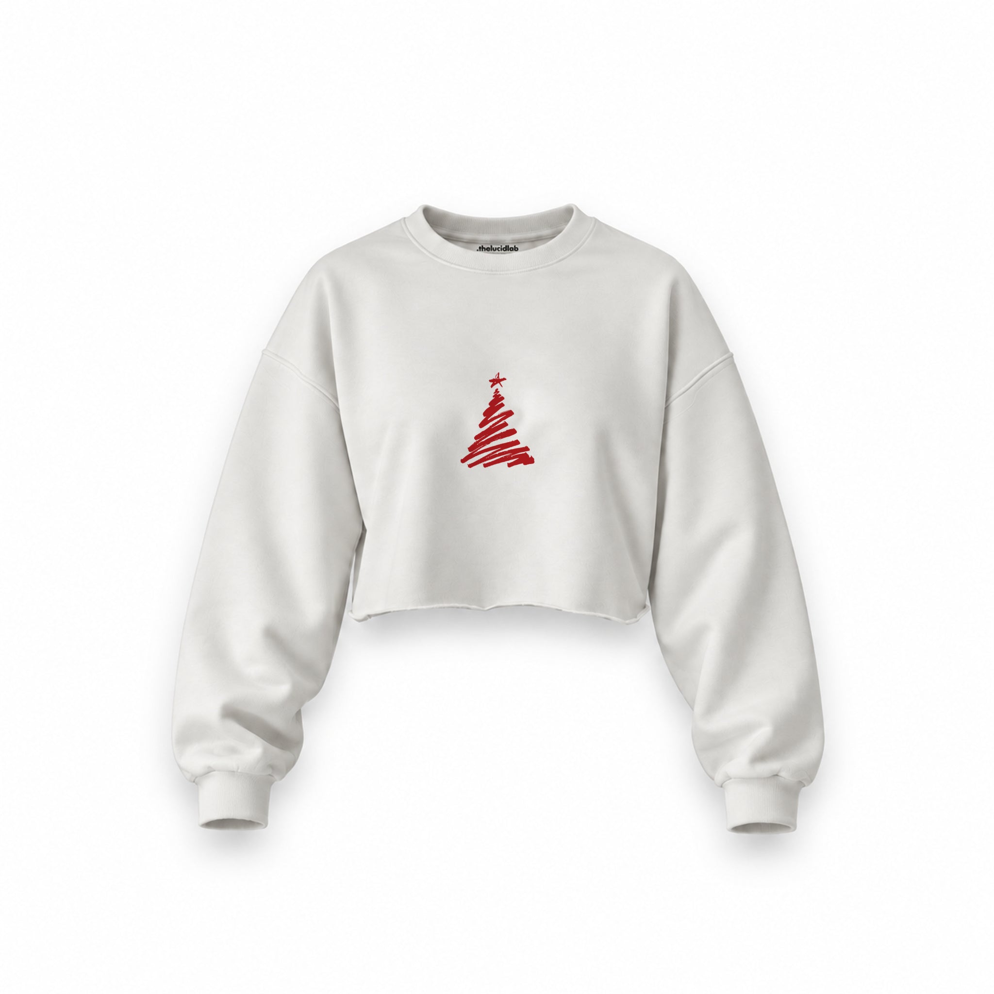 Minimal Christmas Tree Oversize Crop Sweatshirt — Beyaz — Ön baskı