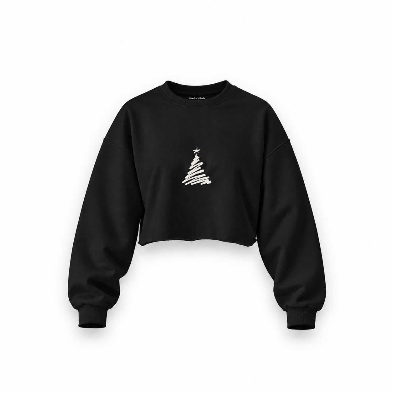Minimal Christmas Tree Oversize Crop Sweatshirt — Siyah — Ön baskı