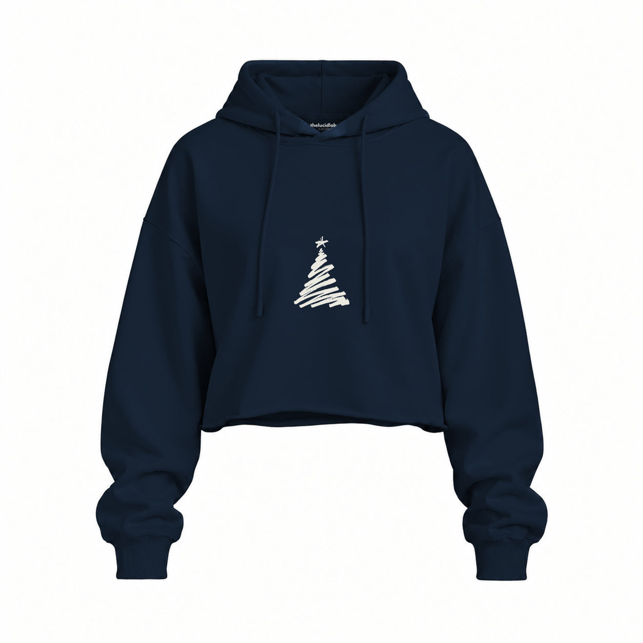 Minimal Christmas Tree Oversize Crop Hoodie — Lacivert — Ön baskı