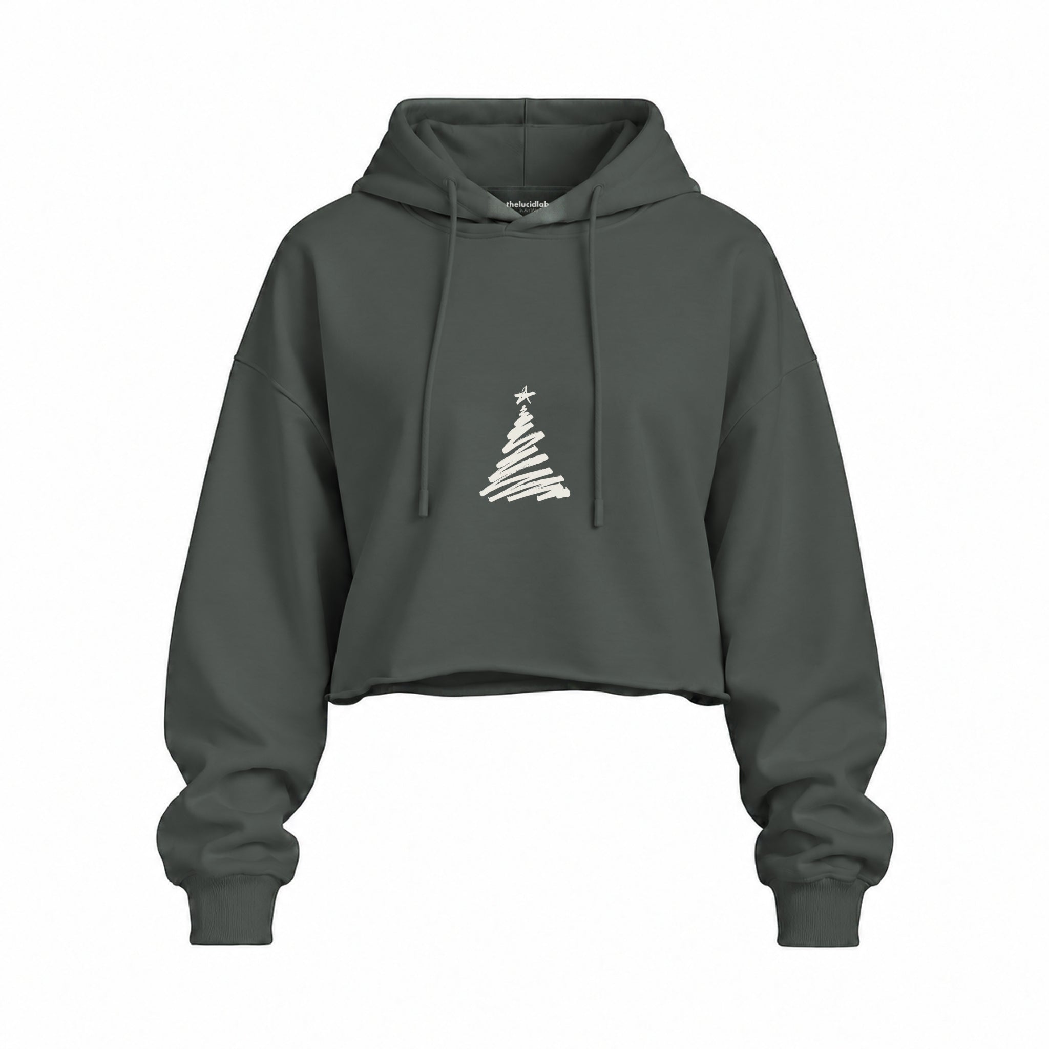 Minimal Christmas Tree Oversize Crop Hoodie — Antrasit — Ön baskı
