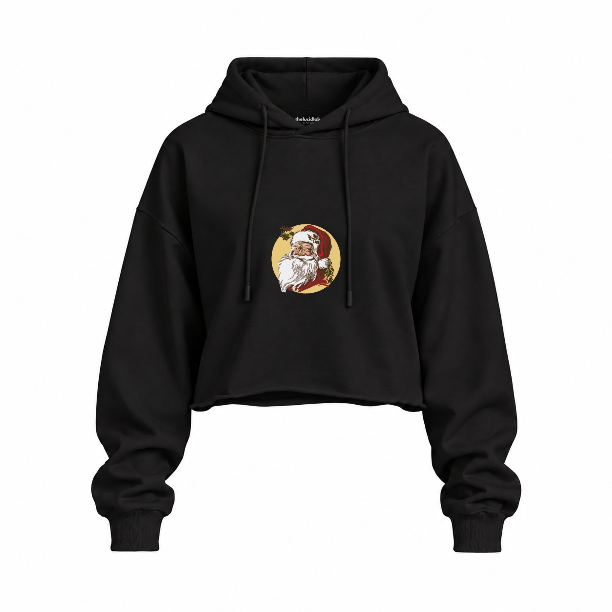 Vintage Santa Portrait Oversize Crop Hoodie — Siyah — Ön baskı