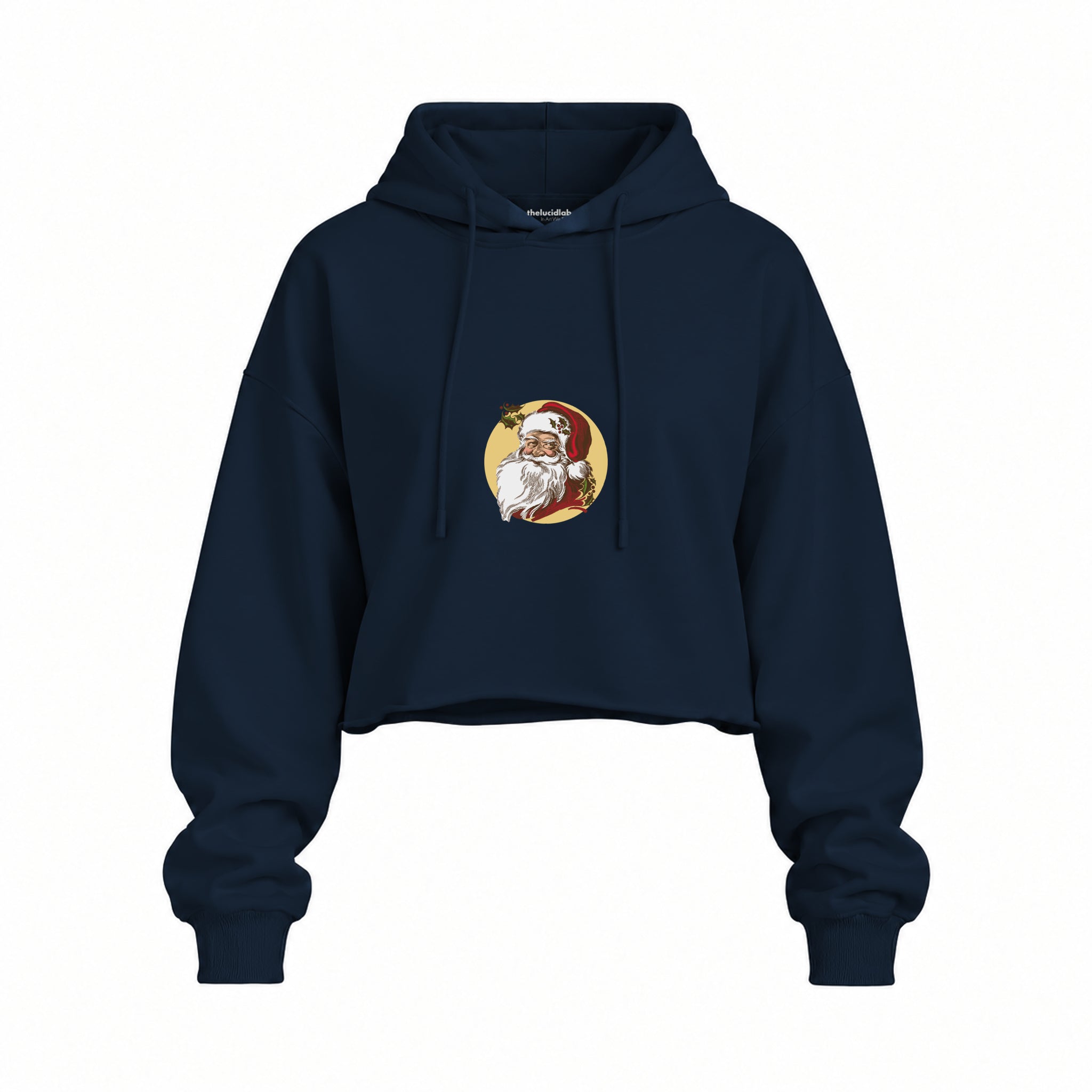 Vintage Santa Portrait Oversize Crop Hoodie — Lacivert — Ön baskı