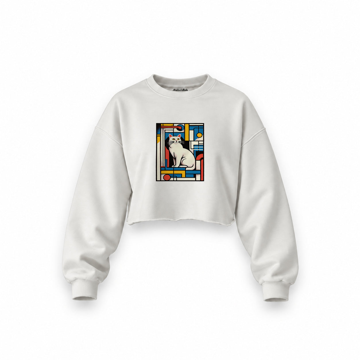 Bauhaus Cat Oversize Crop Sweatshirt — Beyaz — Ön baskı