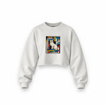 Bauhaus Cat Oversize Crop Sweatshirt — Beyaz — Ön baskı