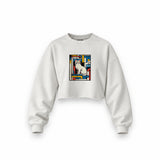 Bauhaus Cat Oversize Crop Sweatshirt — Beyaz — Ön baskı