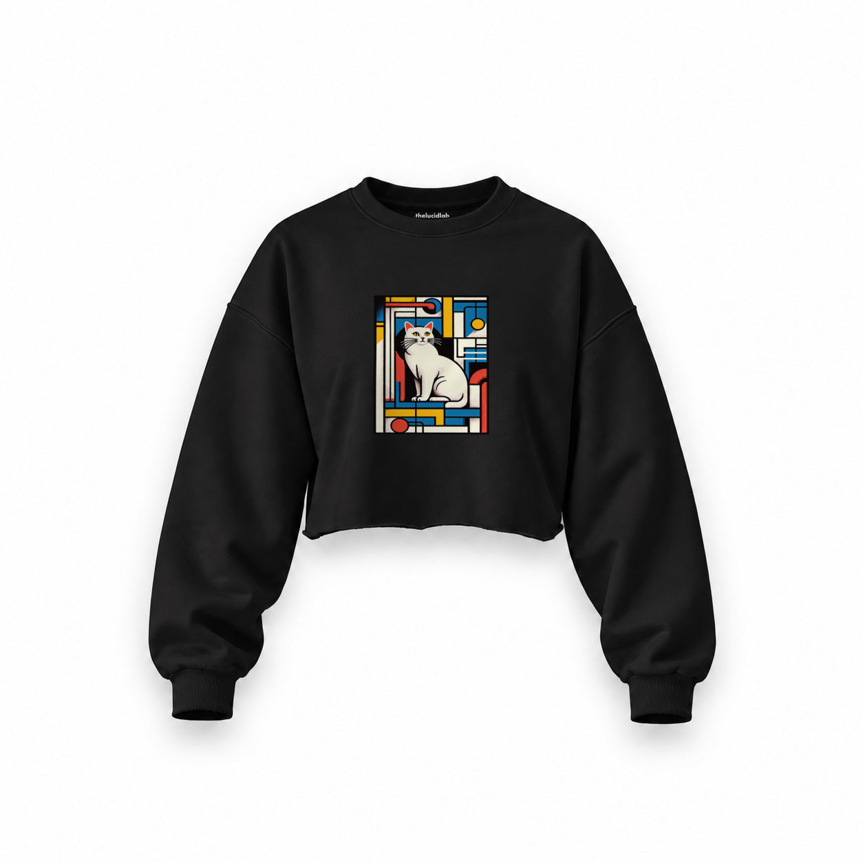 Bauhaus Cat Oversize Crop Sweatshirt — Siyah — Ön baskı