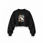 Bauhaus Cat Oversize Crop Sweatshirt — Siyah — Ön baskı