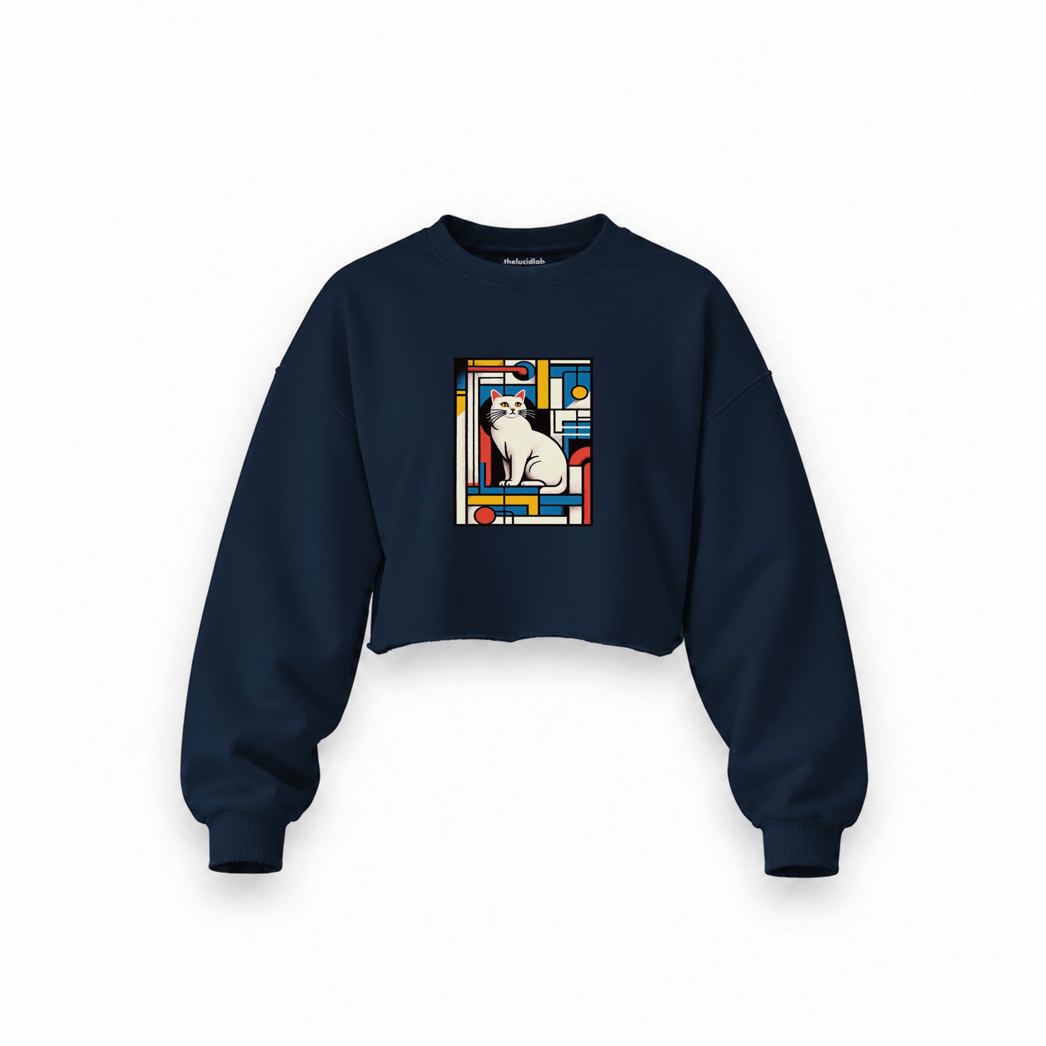 Bauhaus Cat Oversize Crop Sweatshirt — Lacivert — Ön baskı